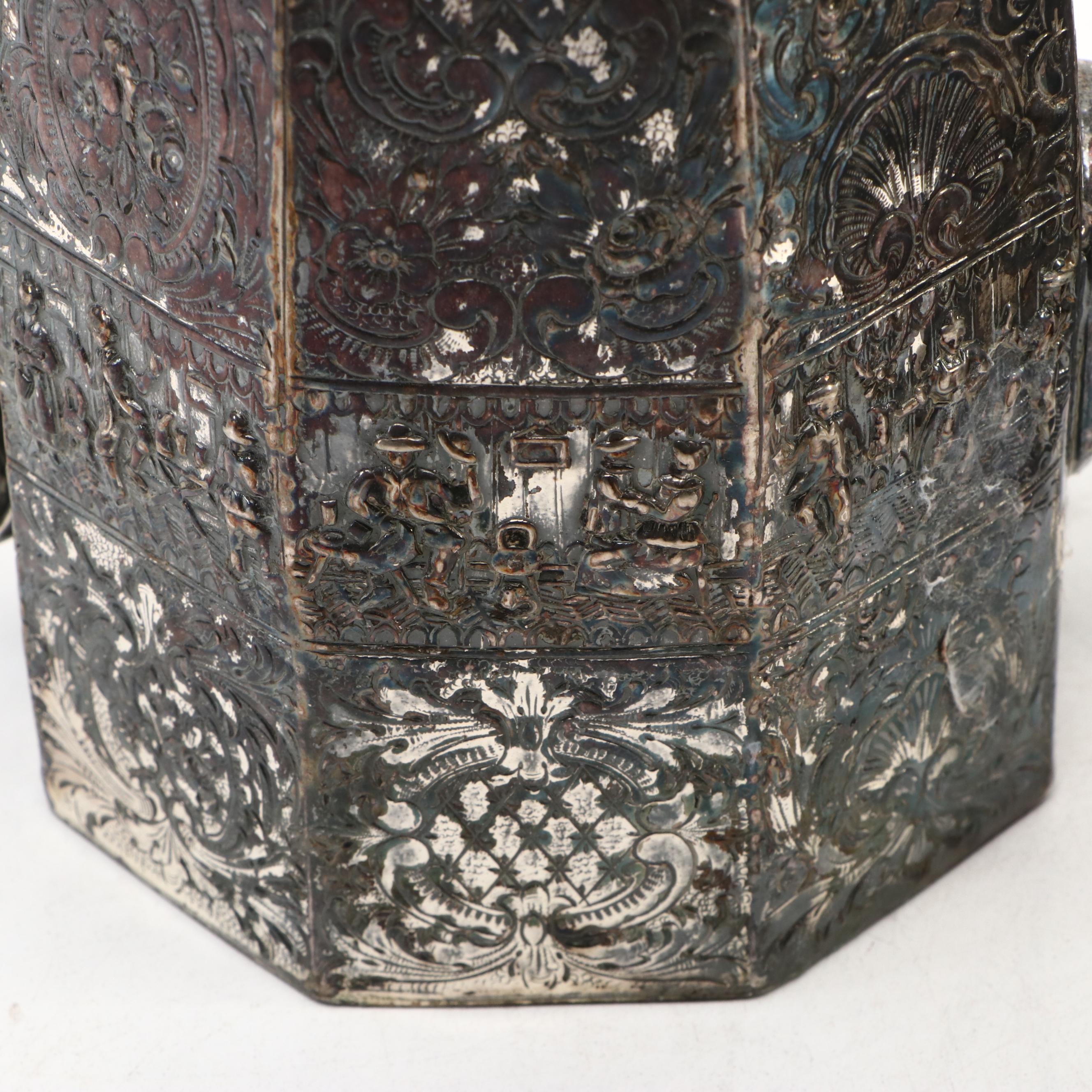 Victorian Style Repousse Genre Scene Tea Set and Other Silver Plate Trays