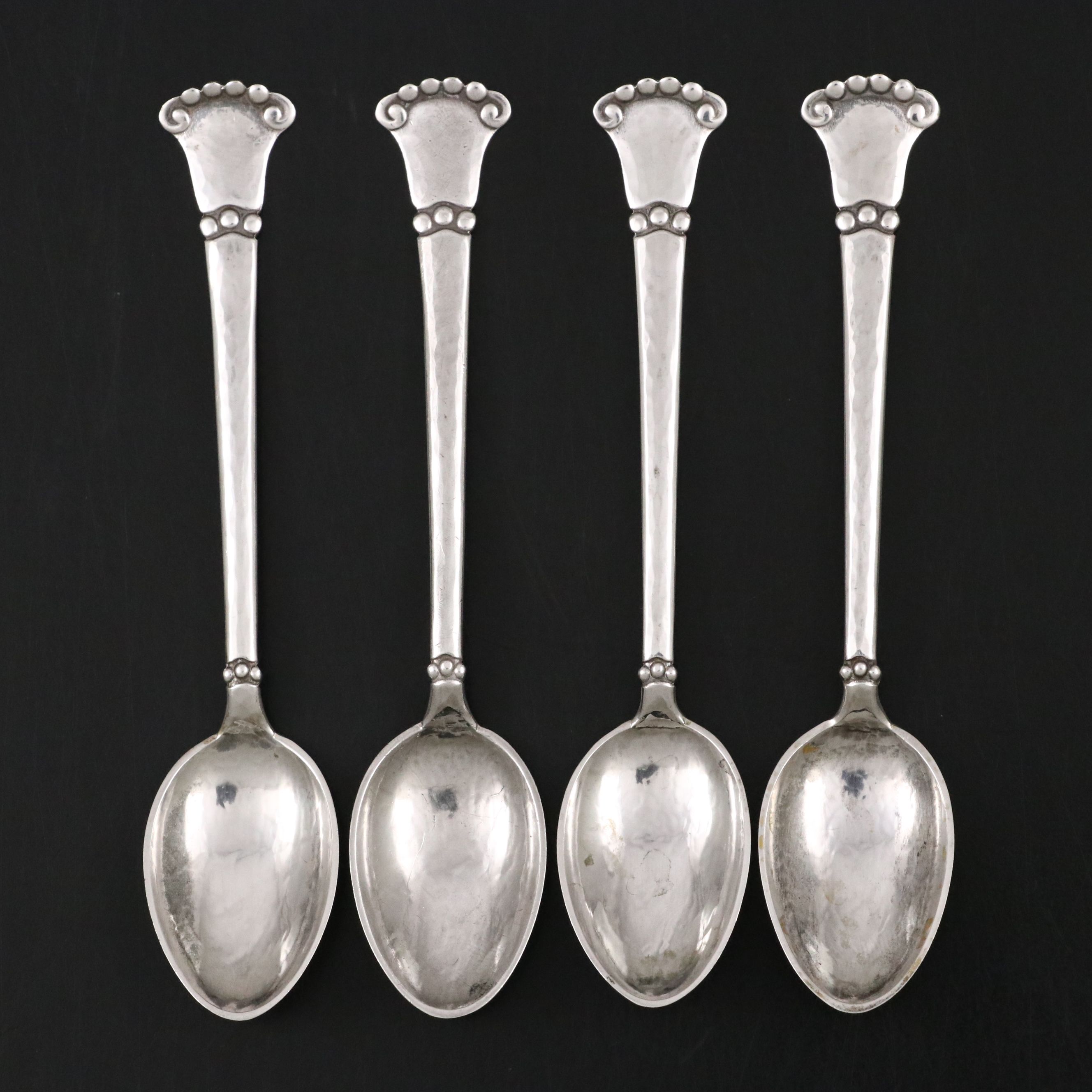 Antique Danish Modern Hammered 833 Silver Teaspoons, 1922