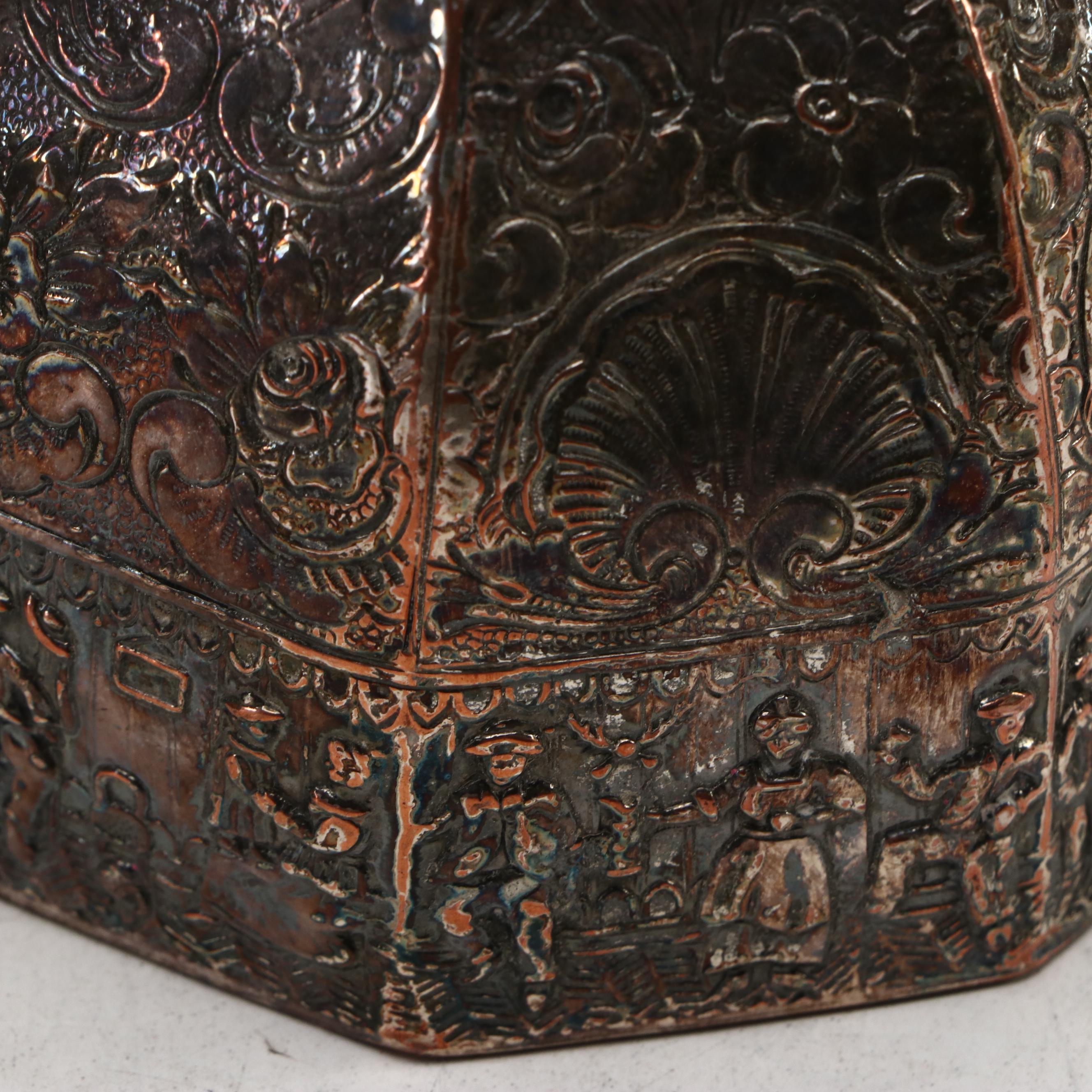 Victorian Style Repousse Genre Scene Tea Set and Other Silver Plate Trays