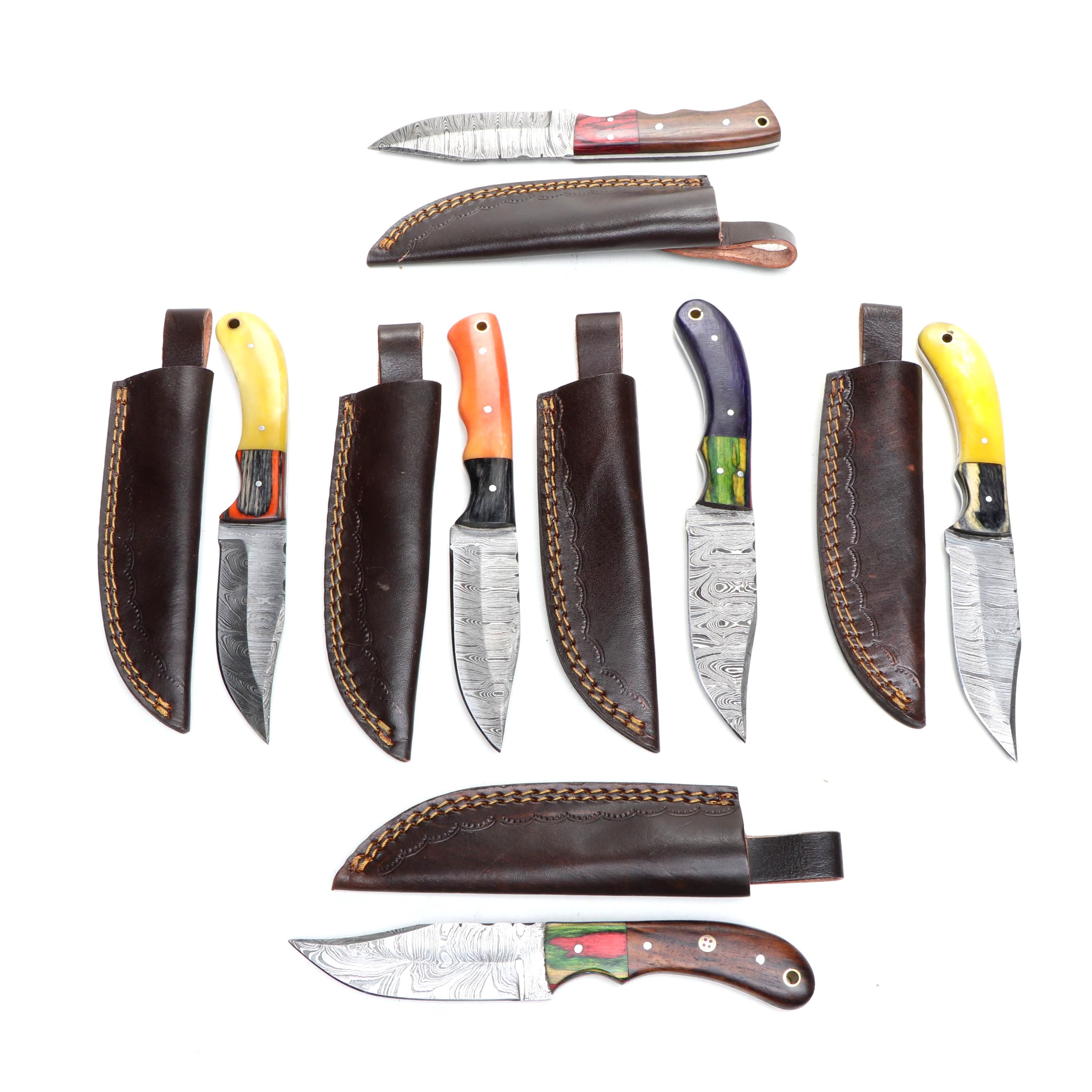 Damascus Steel Fixed Blade Knives with Leather Sheathes