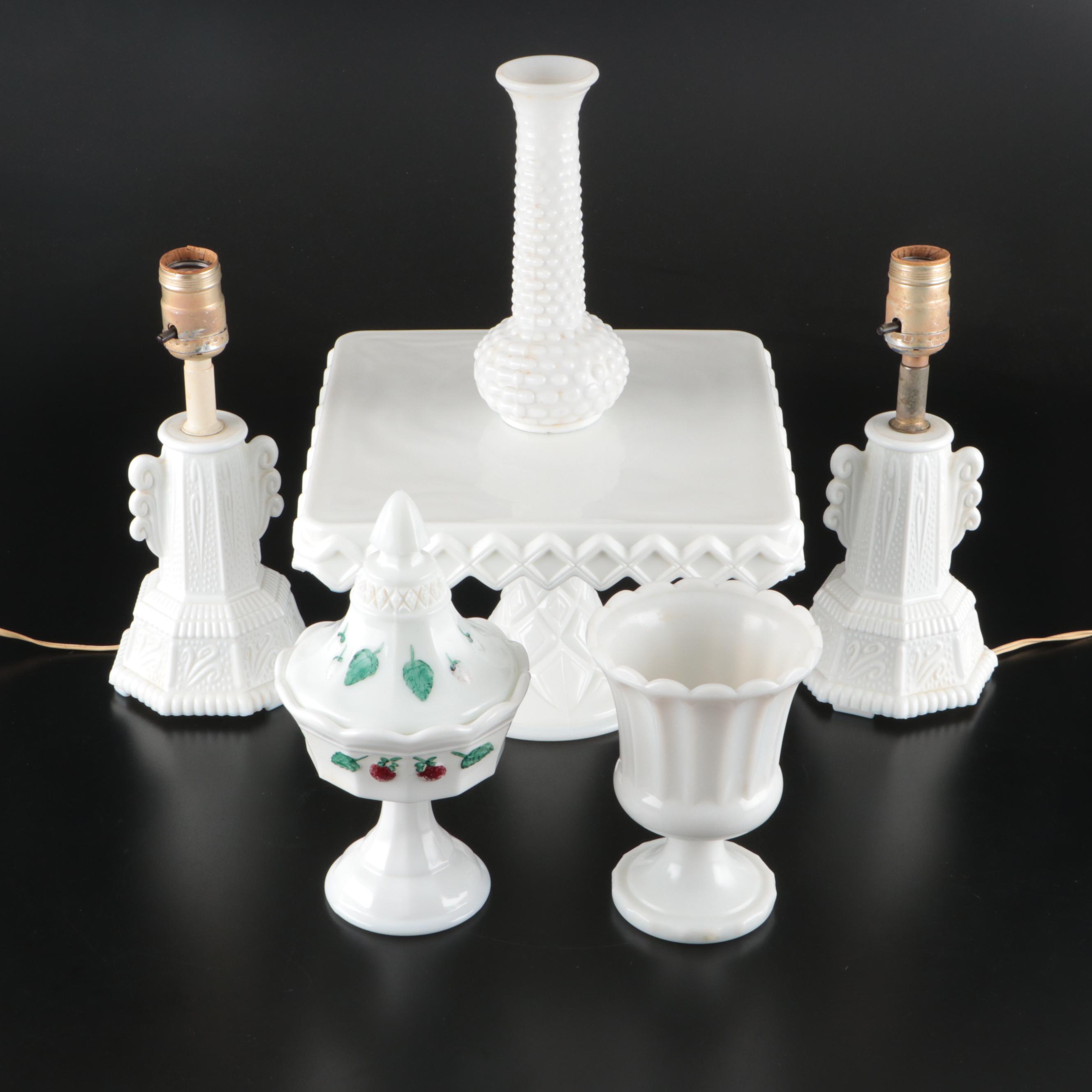 Indiana Glass Cake Stand with E.O. Brody Hobnail Vase and Other Milk Glass Decor