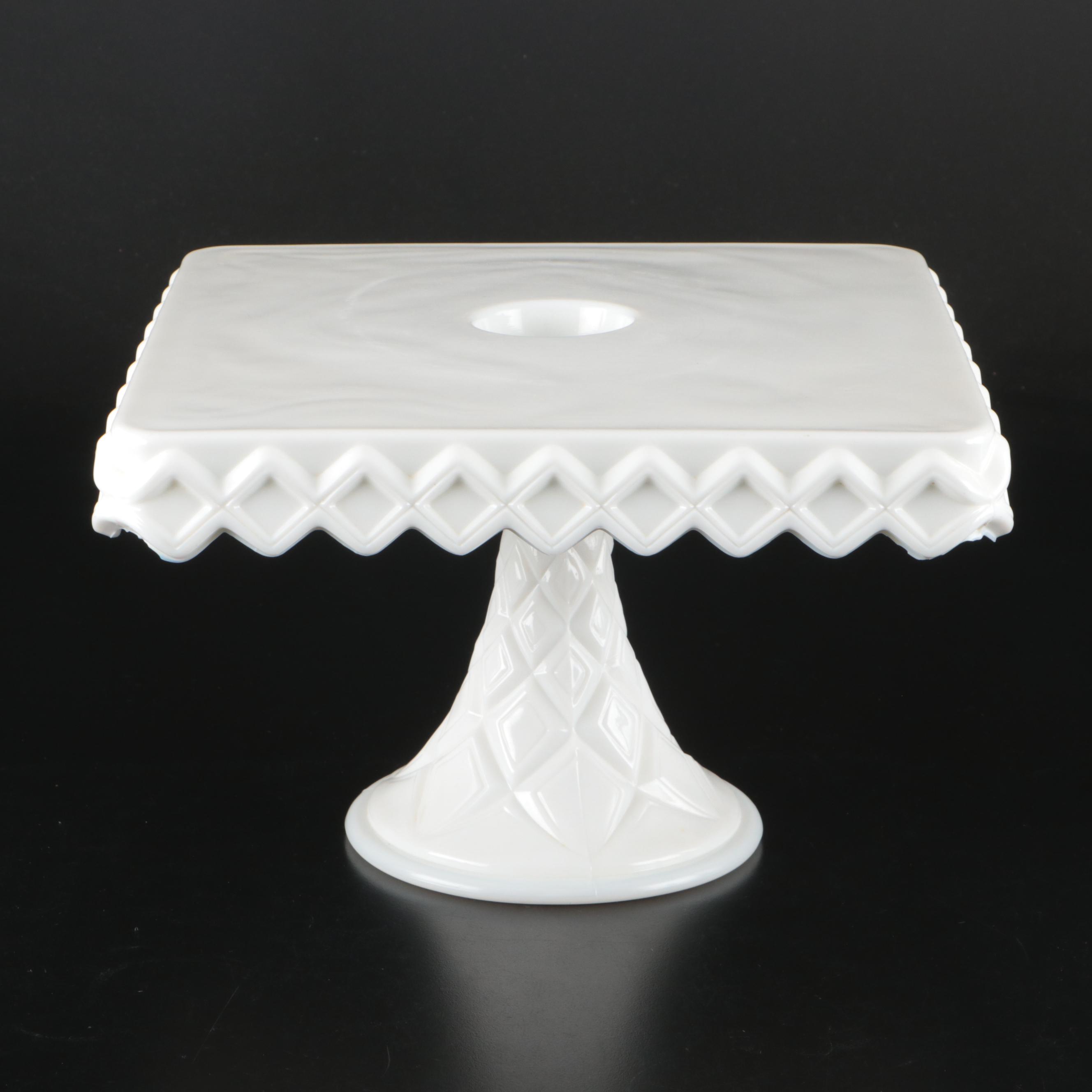 Indiana Glass Cake Stand with E.O. Brody Hobnail Vase and Other Milk Glass Decor