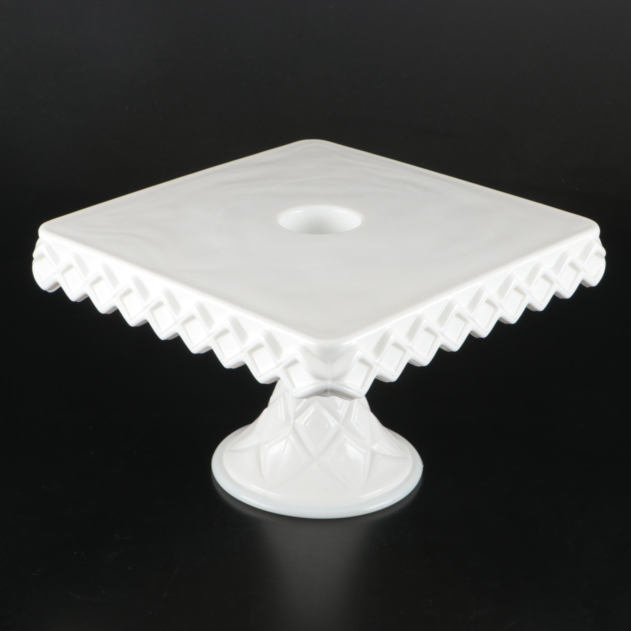 Indiana Glass Cake Stand with E.O. Brody Hobnail Vase and Other Milk Glass Decor