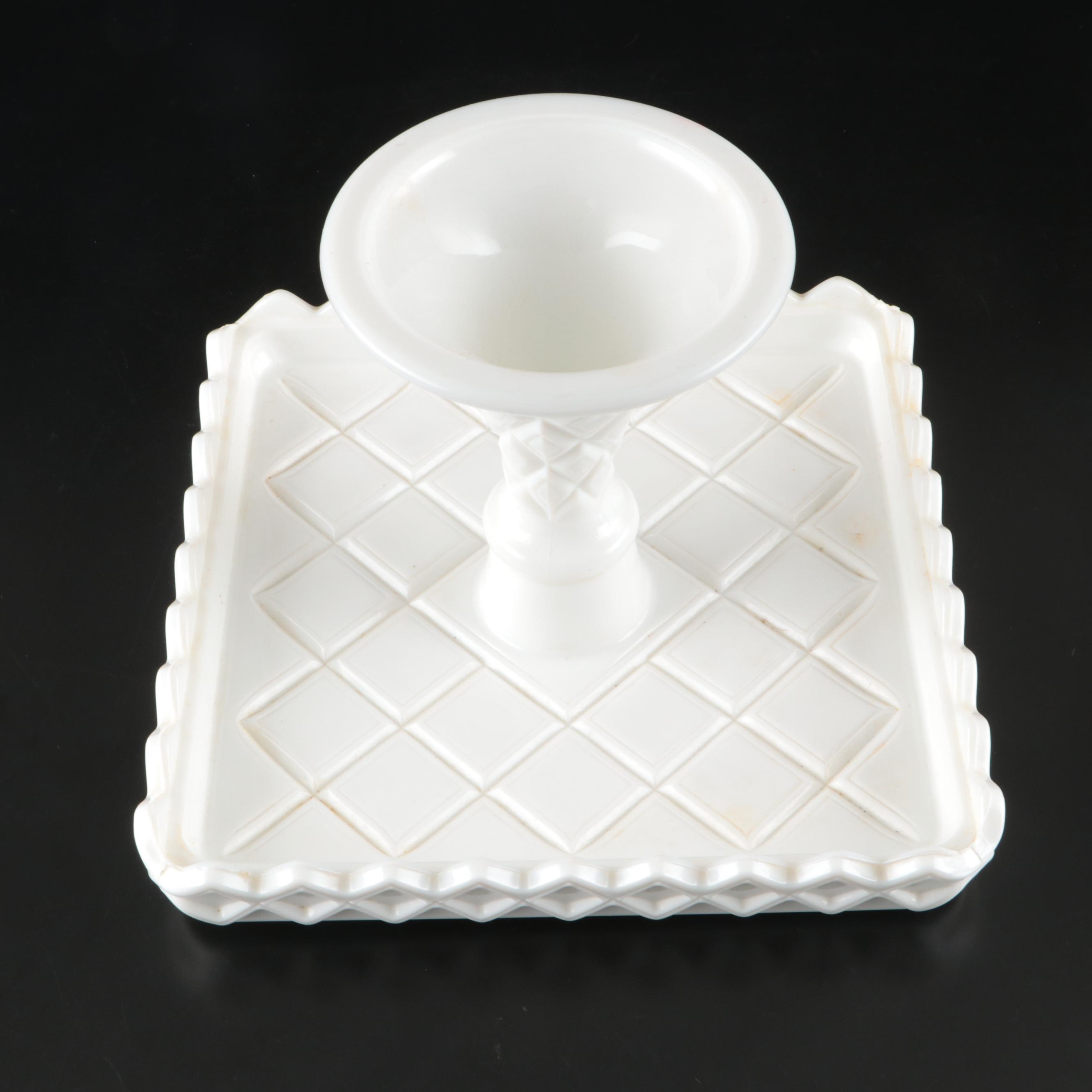Indiana Glass Cake Stand with E.O. Brody Hobnail Vase and Other Milk Glass Decor