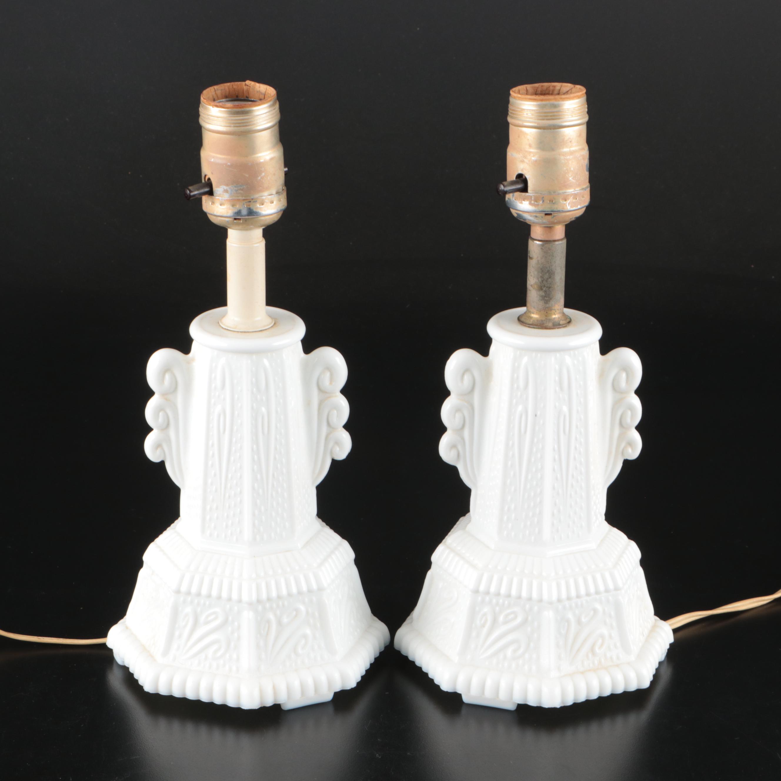 Indiana Glass Cake Stand with E.O. Brody Hobnail Vase and Other Milk Glass Decor