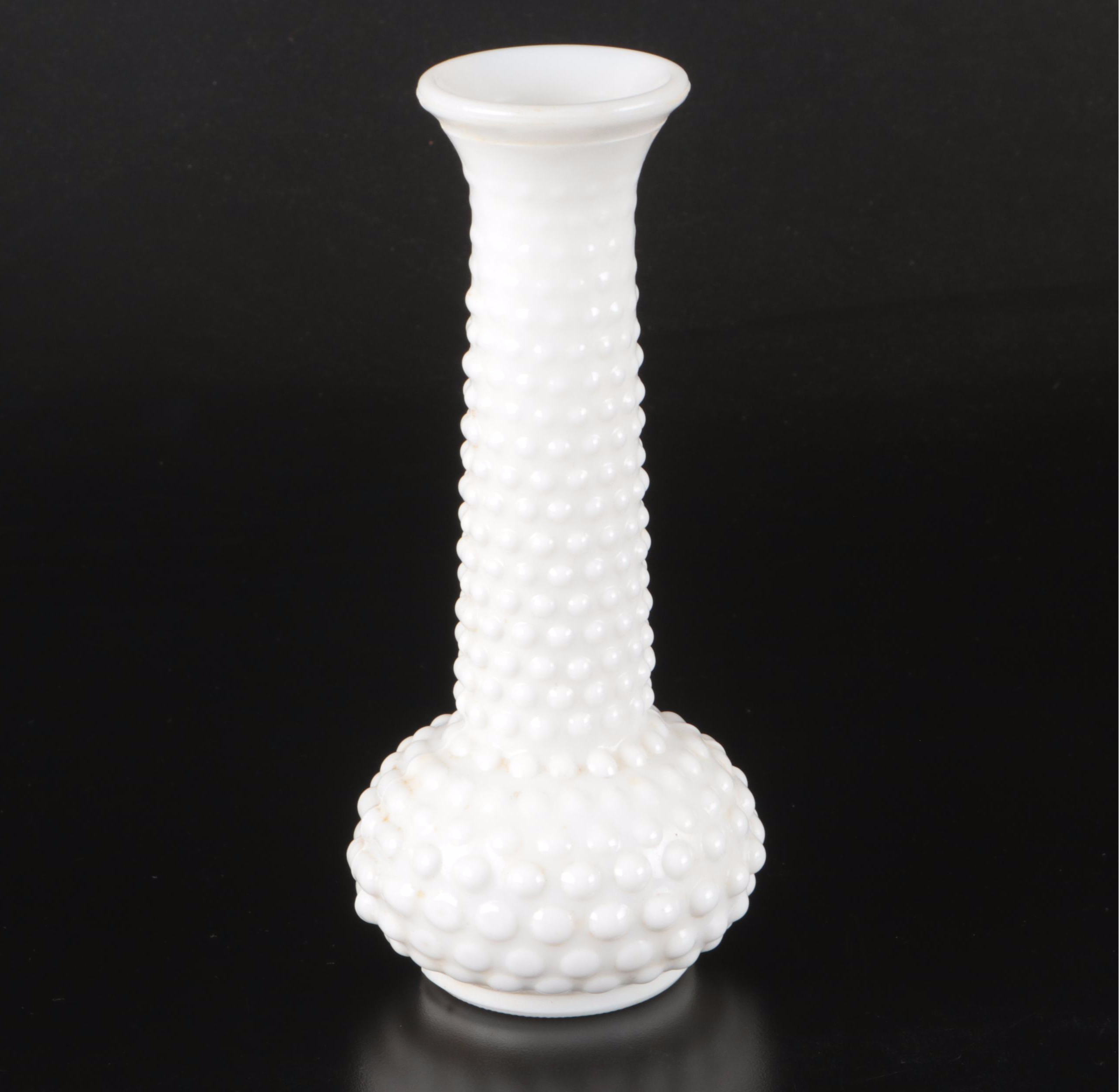 Indiana Glass Cake Stand with E.O. Brody Hobnail Vase and Other Milk Glass Decor