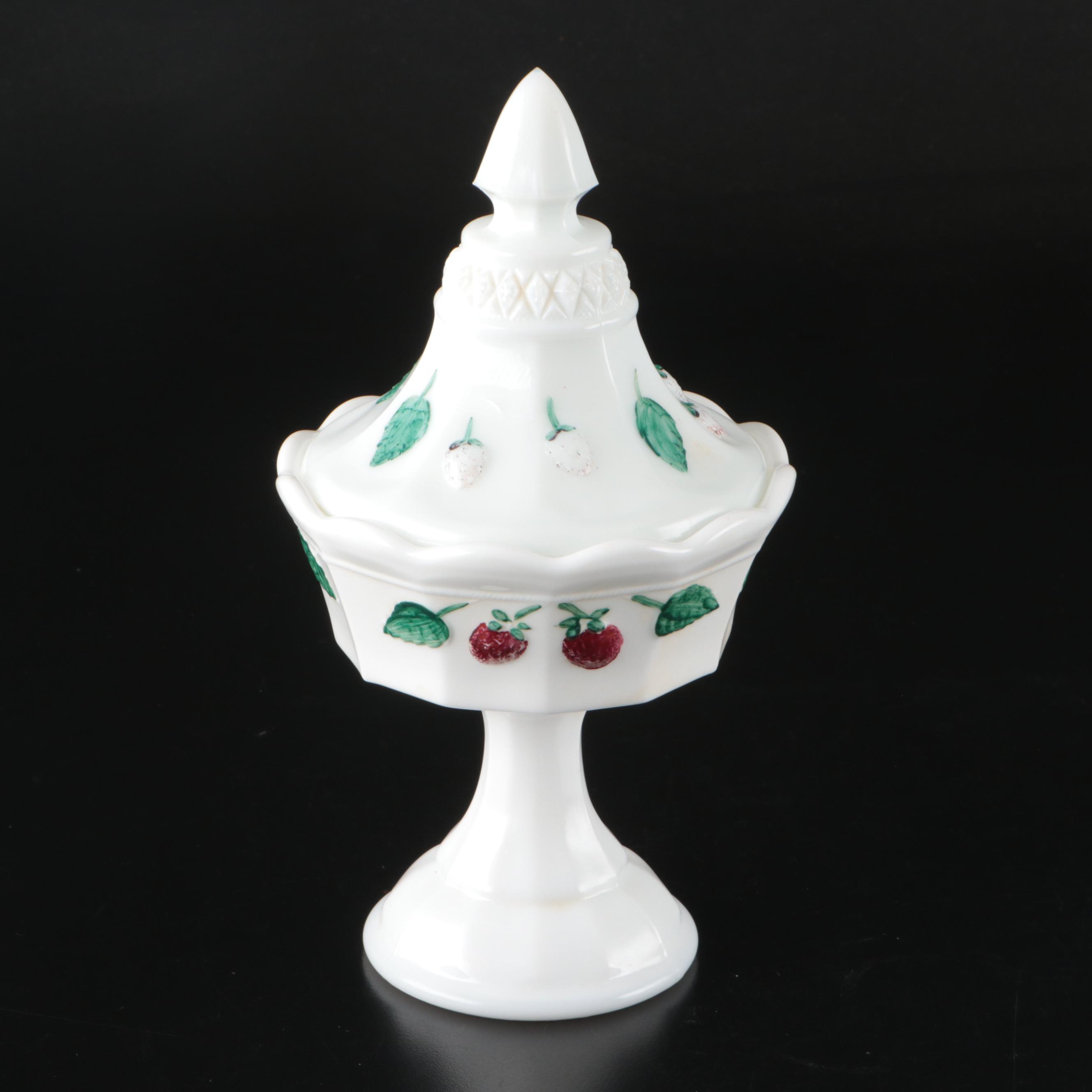 Indiana Glass Cake Stand with E.O. Brody Hobnail Vase and Other Milk Glass Decor