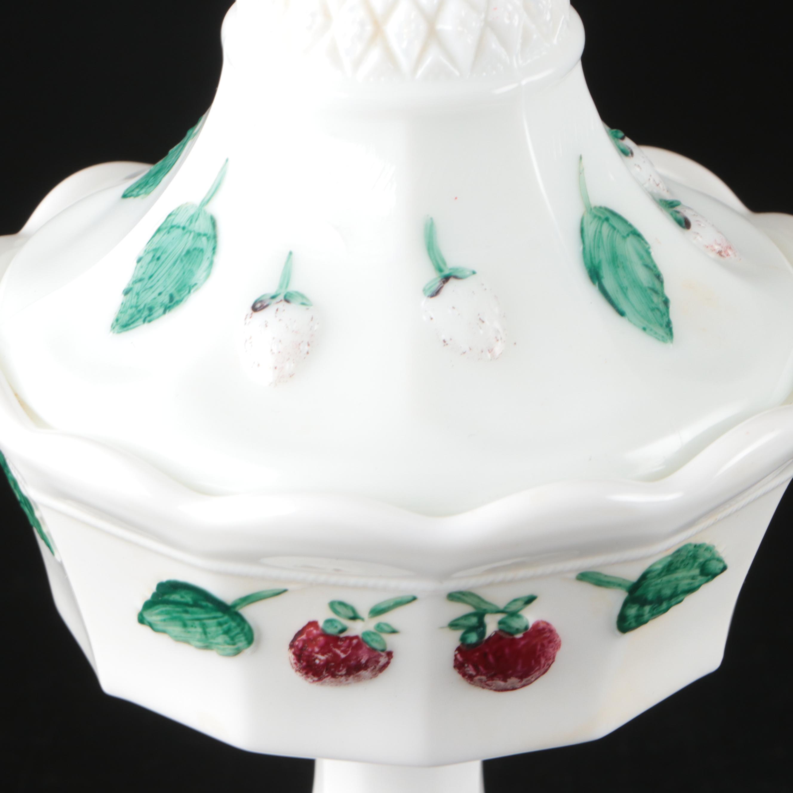 Indiana Glass Cake Stand with E.O. Brody Hobnail Vase and Other Milk Glass Decor