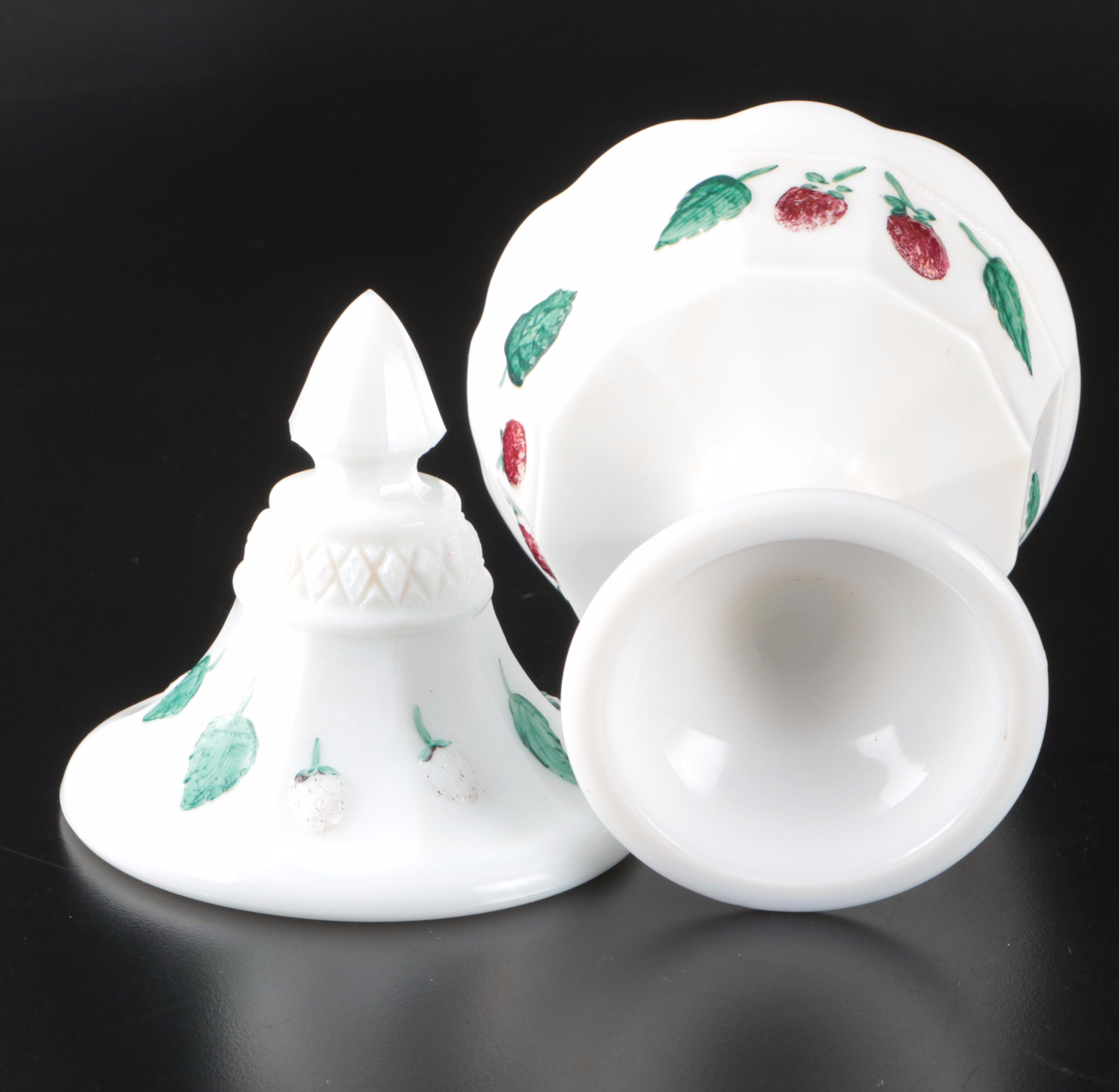 Indiana Glass Cake Stand with E.O. Brody Hobnail Vase and Other Milk Glass Decor