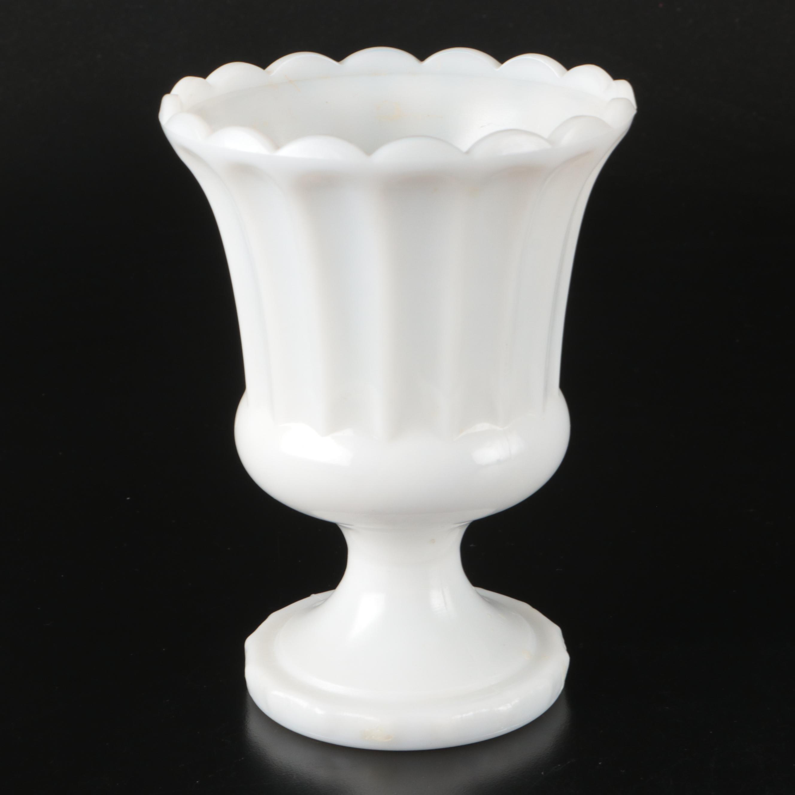 Indiana Glass Cake Stand with E.O. Brody Hobnail Vase and Other Milk Glass Decor