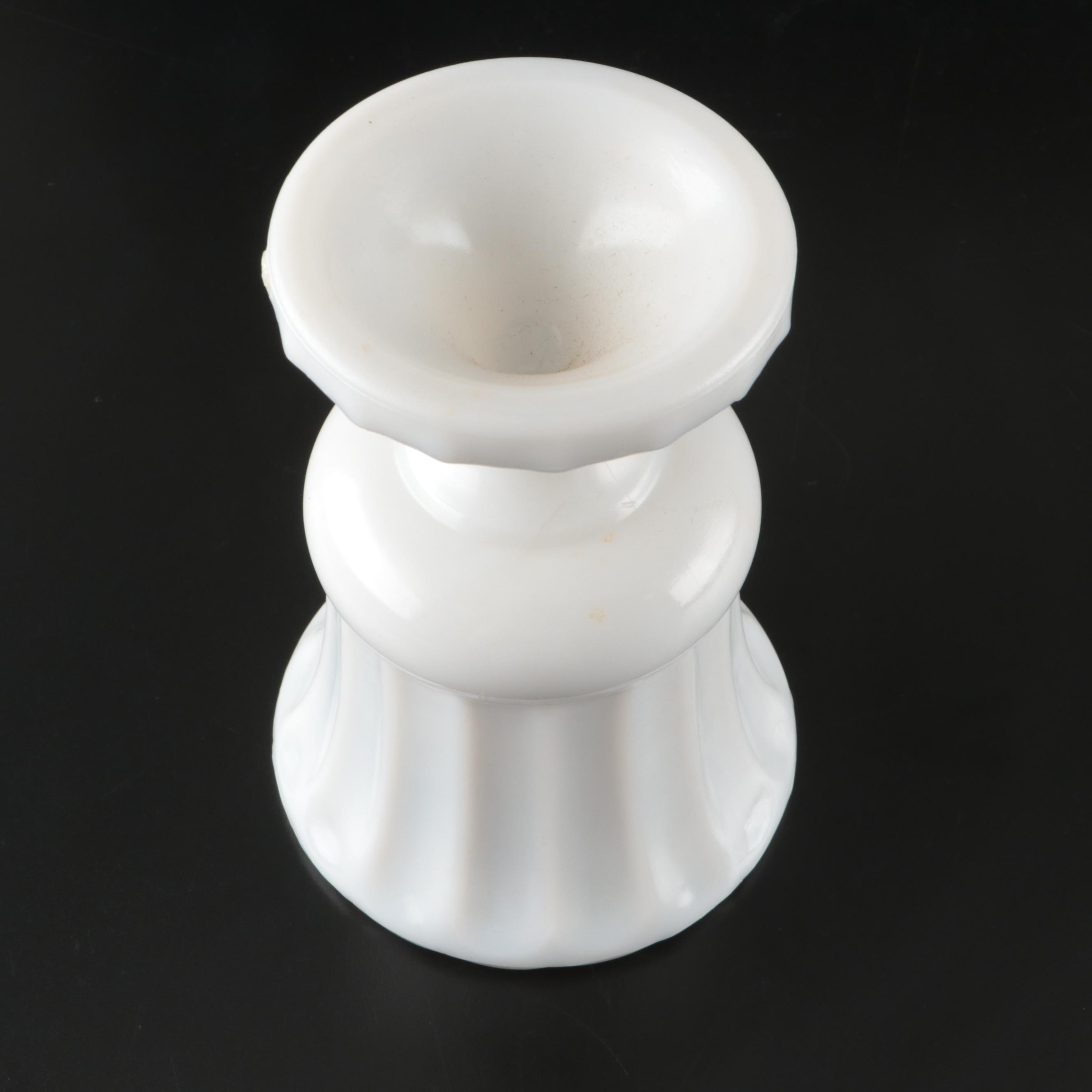 Indiana Glass Cake Stand with E.O. Brody Hobnail Vase and Other Milk Glass Decor