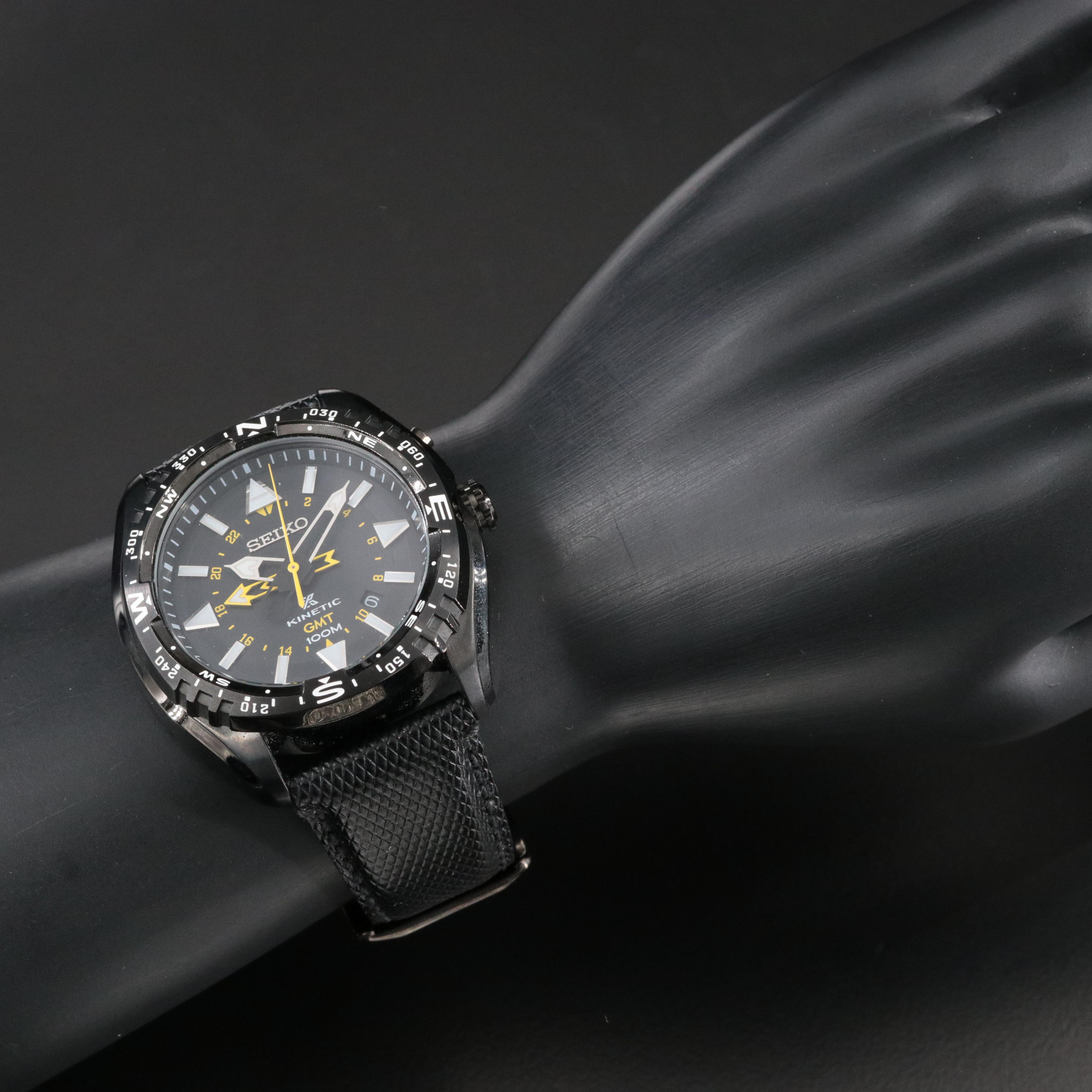 Seiko Kinetic GMT Black Dial Leather Watch