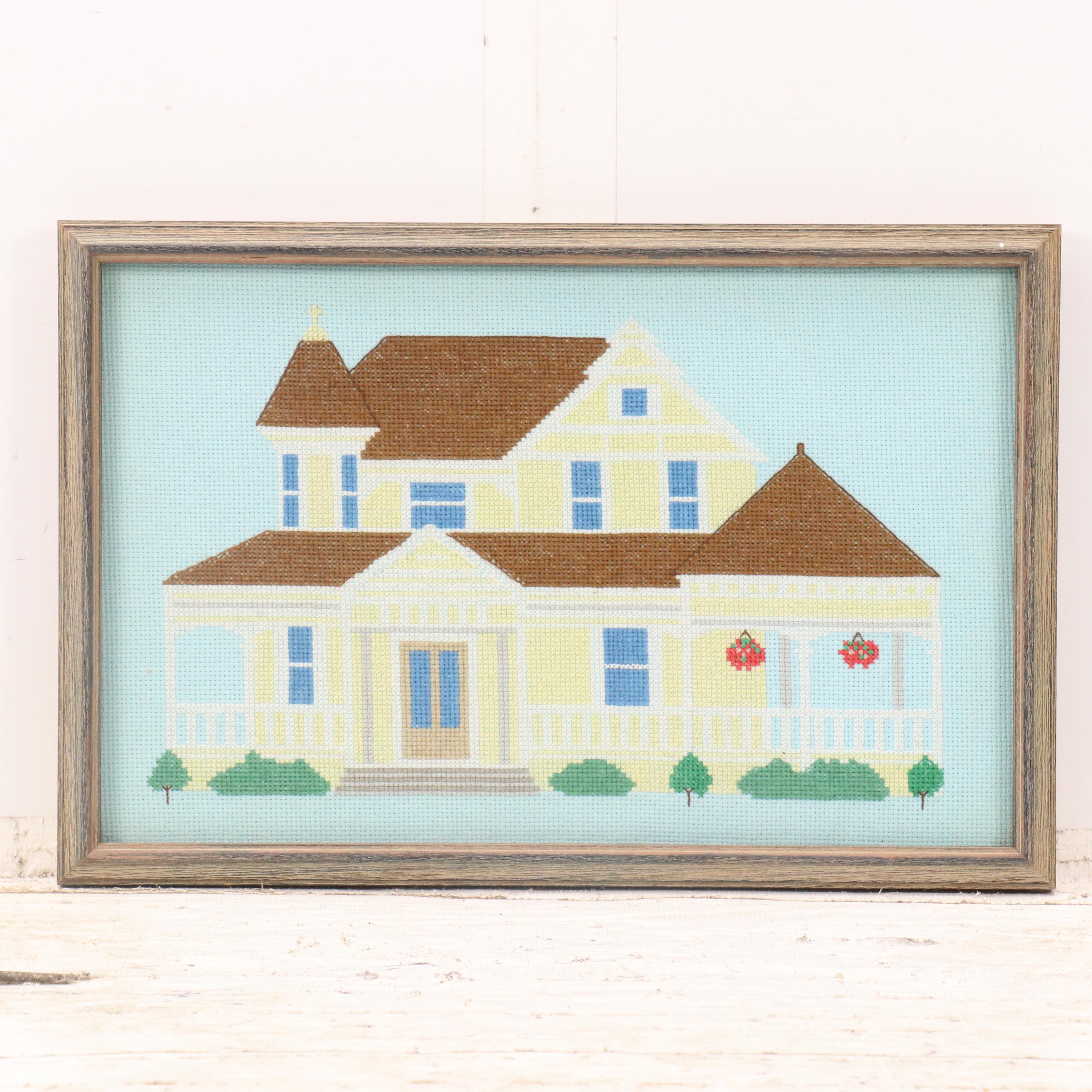 Set of Handmade Cross-Stitch Panels with House Designs, Late 20th Century