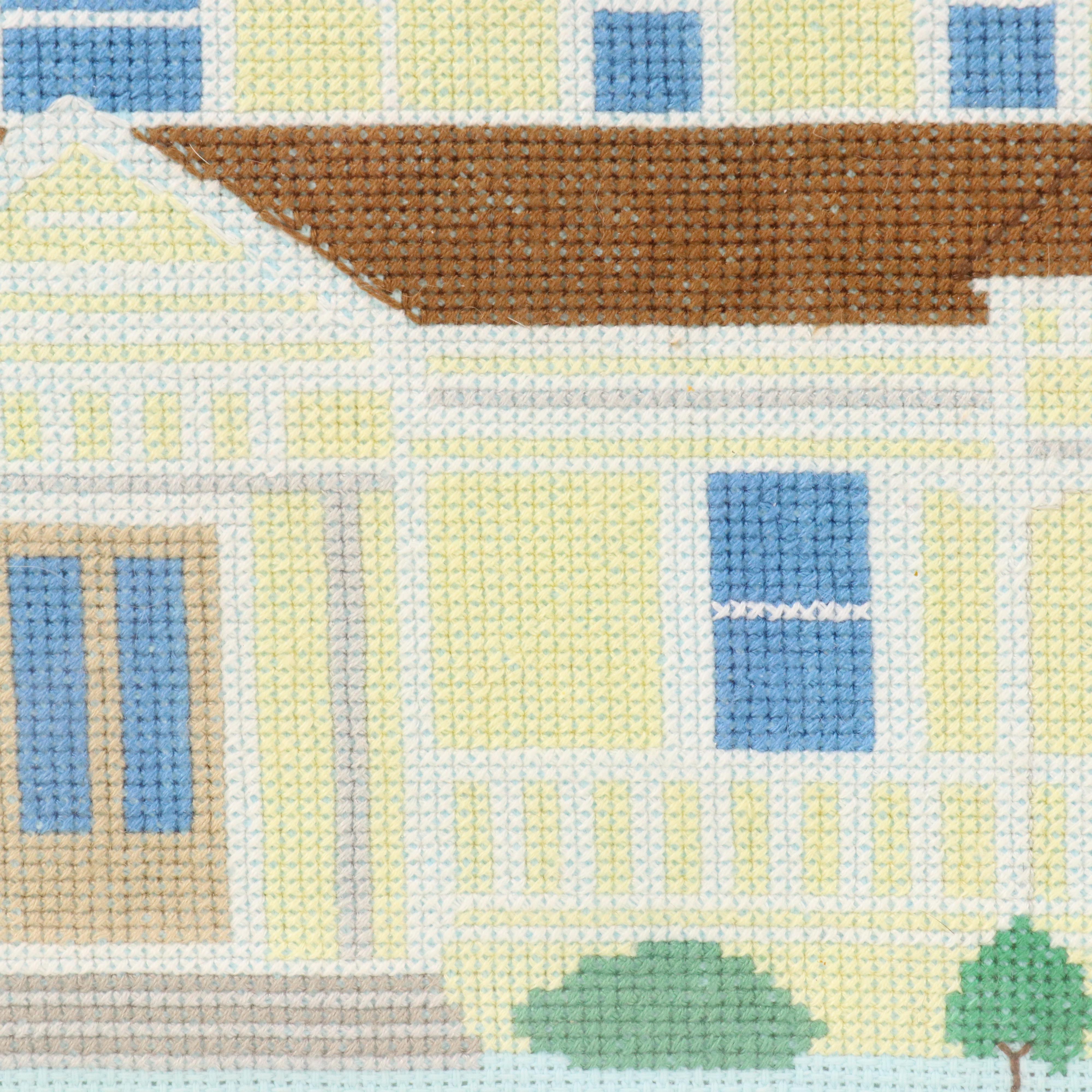 Set of Handmade Cross-Stitch Panels with House Designs, Late 20th Century