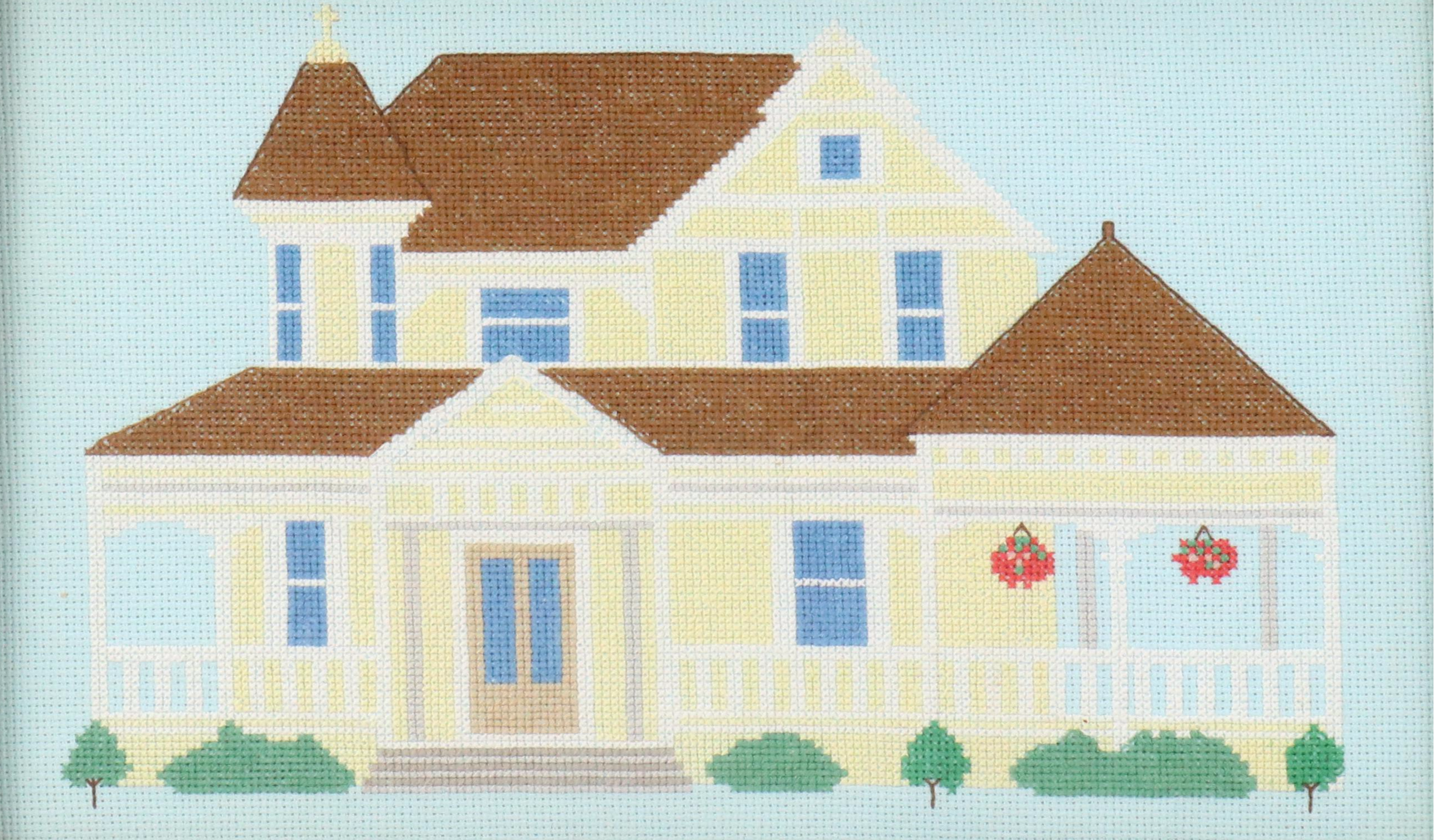 Set of Handmade Cross-Stitch Panels with House Designs, Late 20th Century