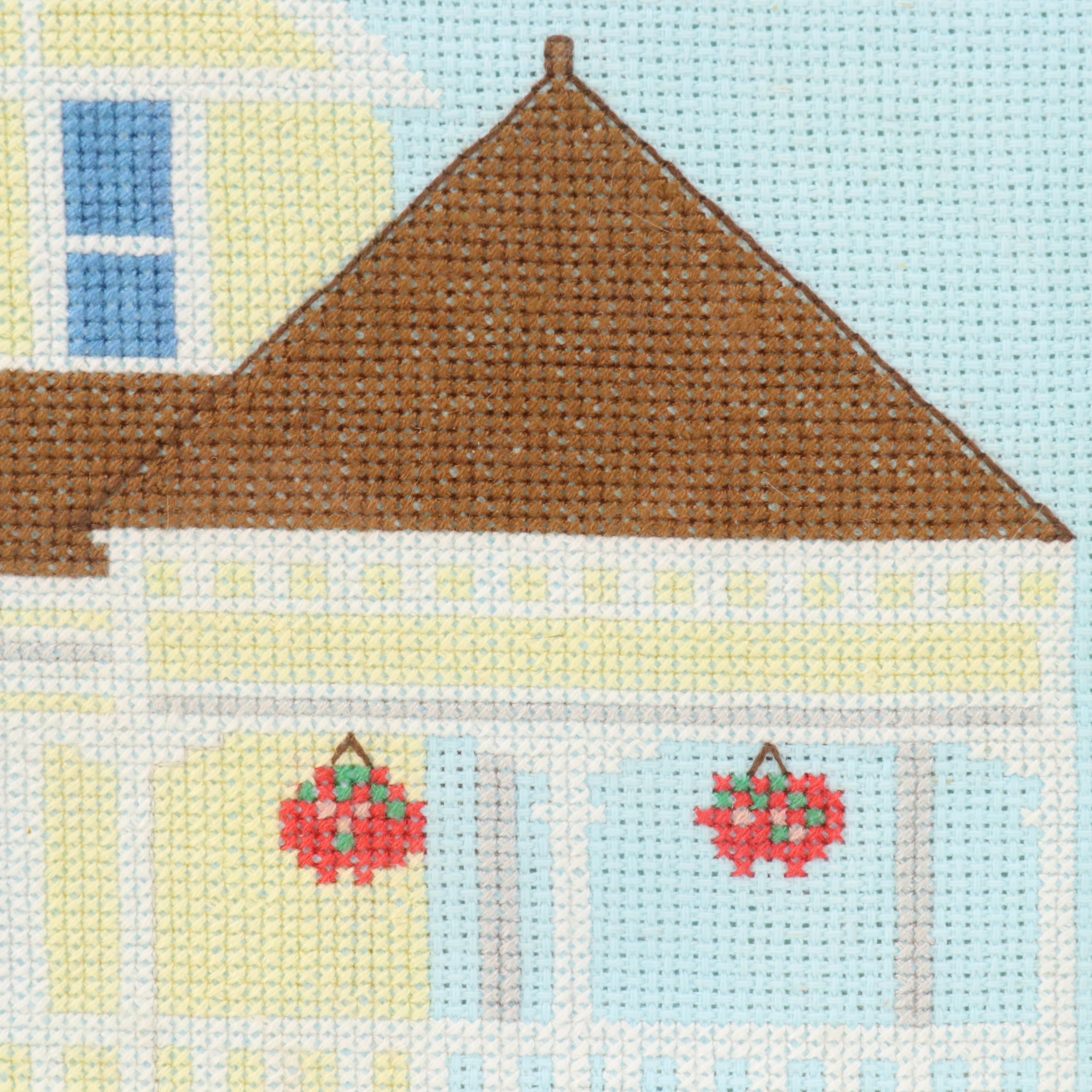 Set of Handmade Cross-Stitch Panels with House Designs, Late 20th Century