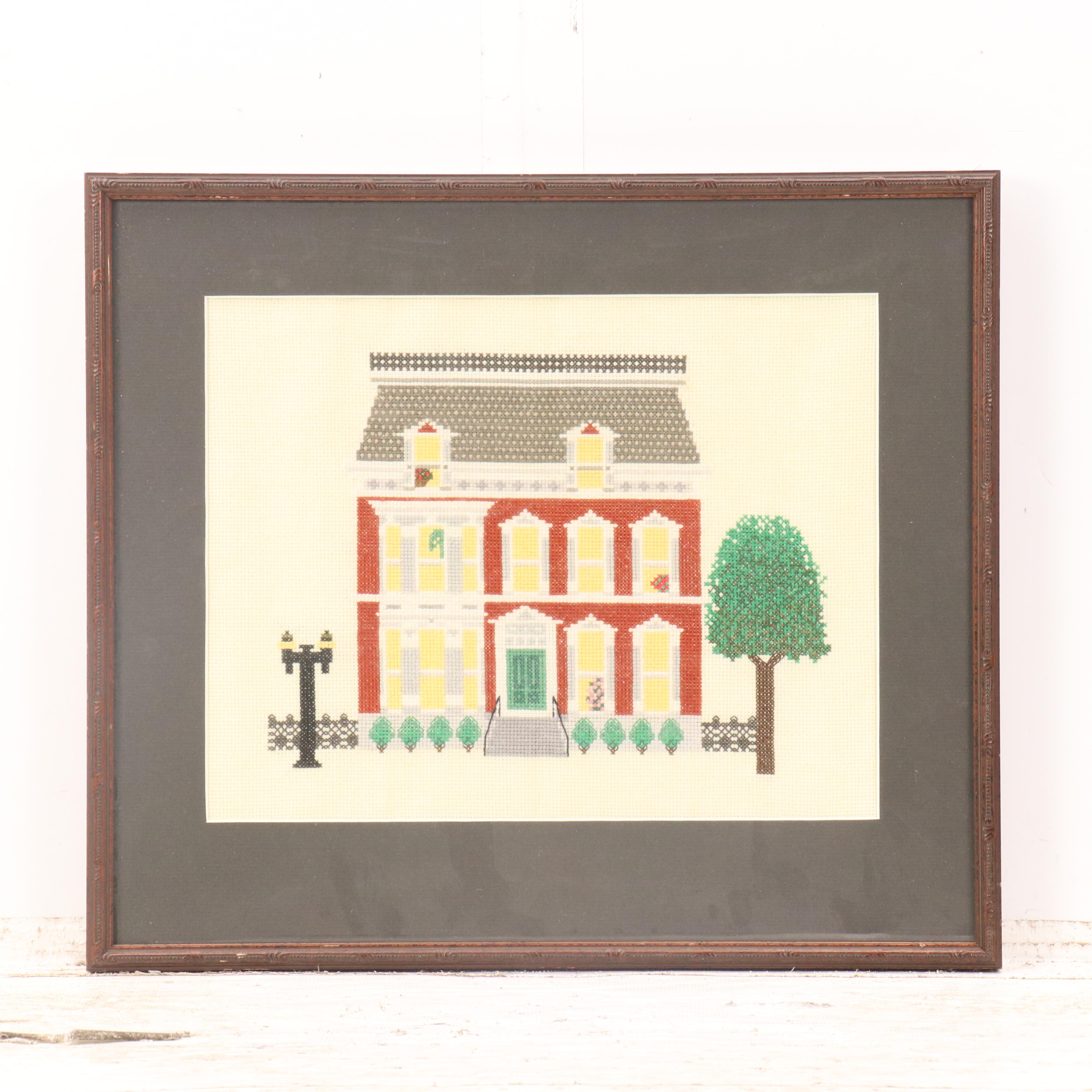 Set of Handmade Cross-Stitch Panels with House Designs, Late 20th Century