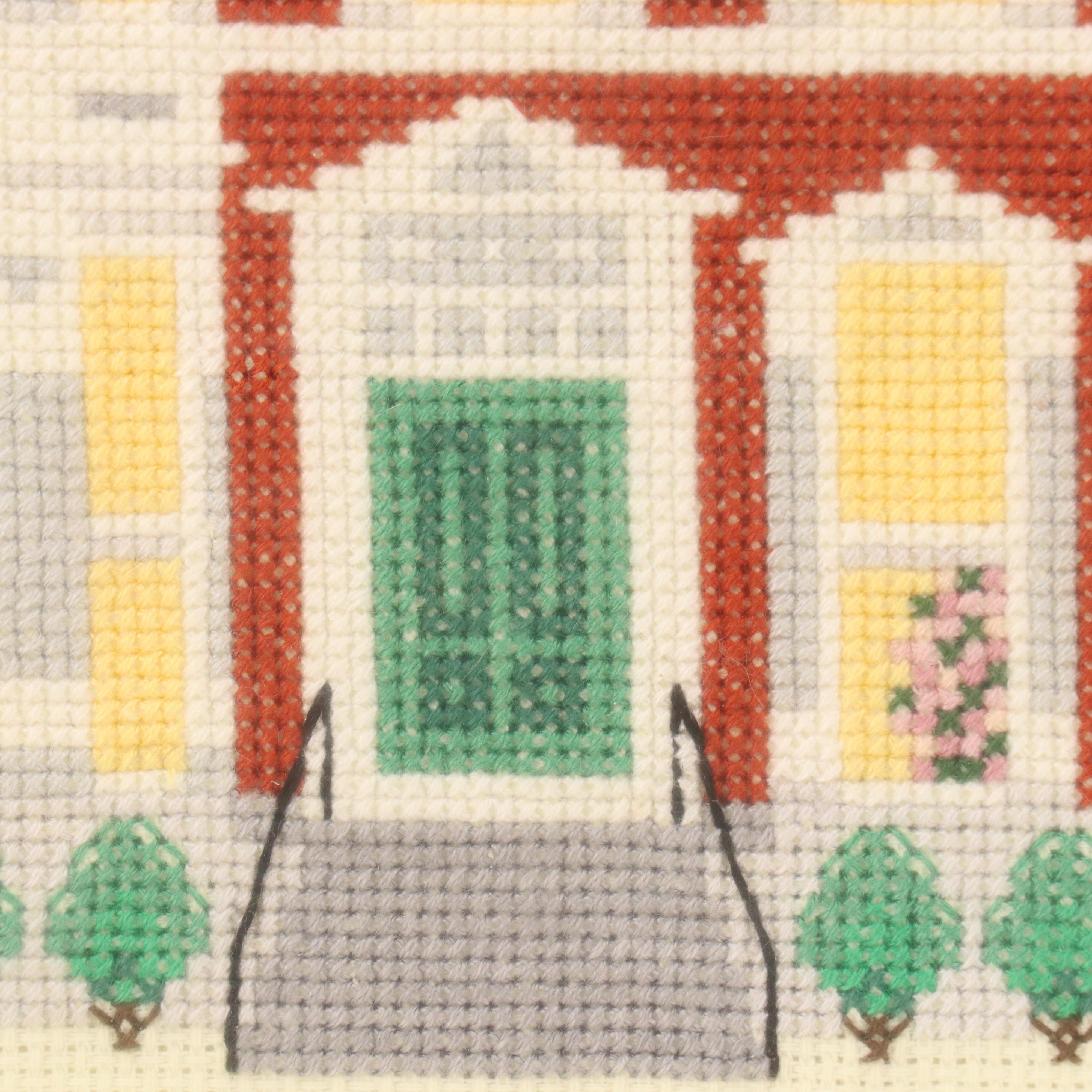 Set of Handmade Cross-Stitch Panels with House Designs, Late 20th Century
