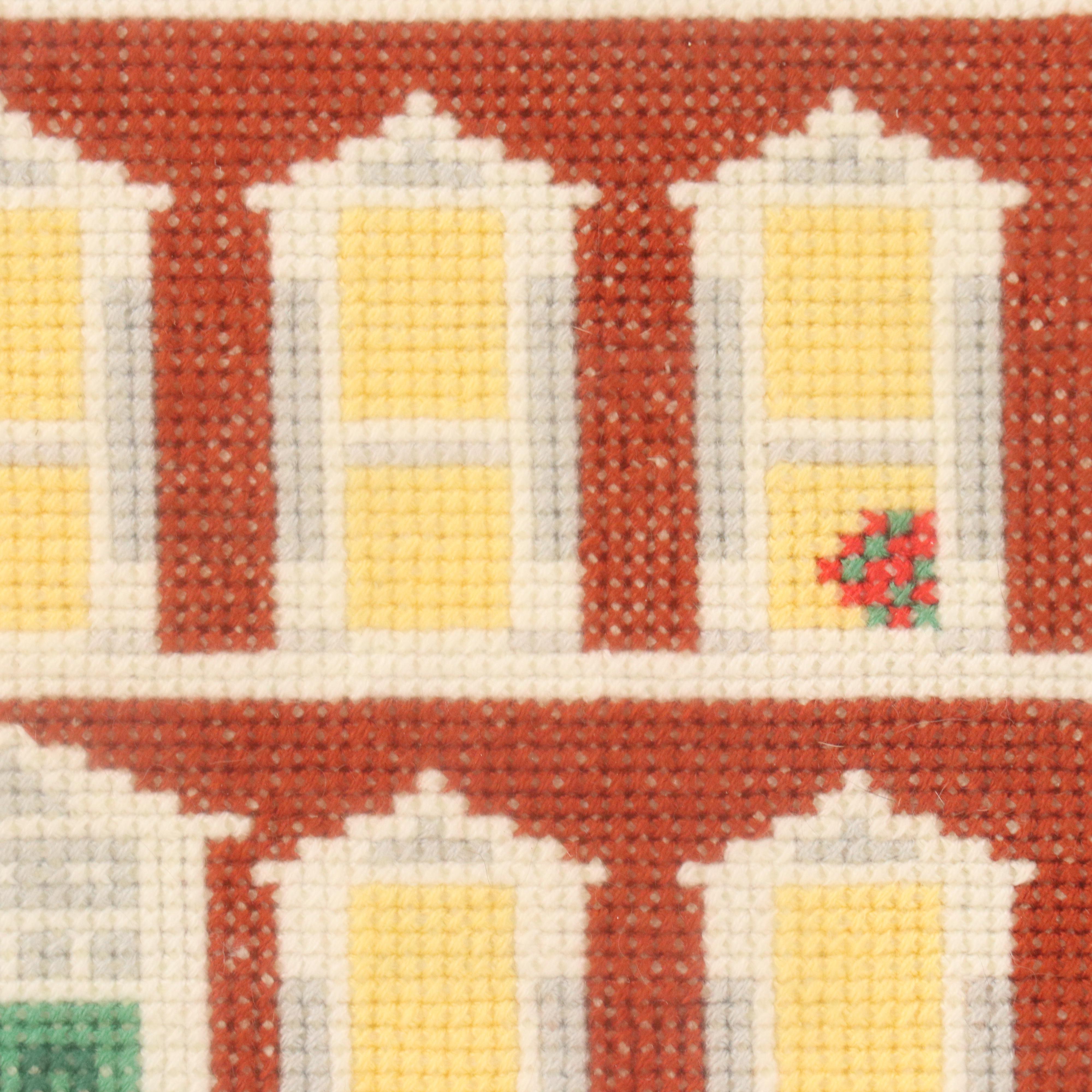 Set of Handmade Cross-Stitch Panels with House Designs, Late 20th Century