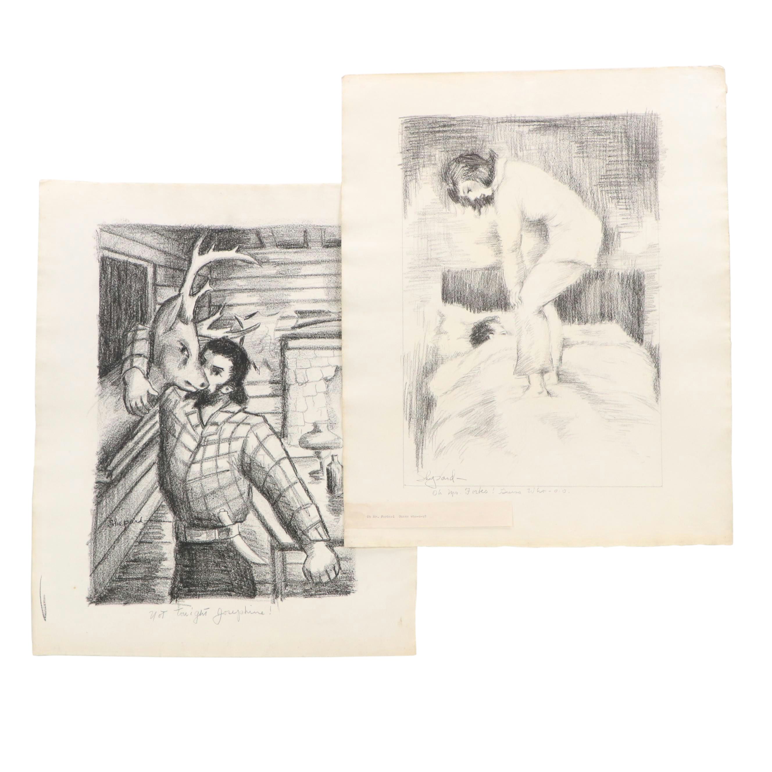 Harvey Shepard Charcoal Drawings "Not Tonight Josephine!" and "Oh Mr. Forbes..."