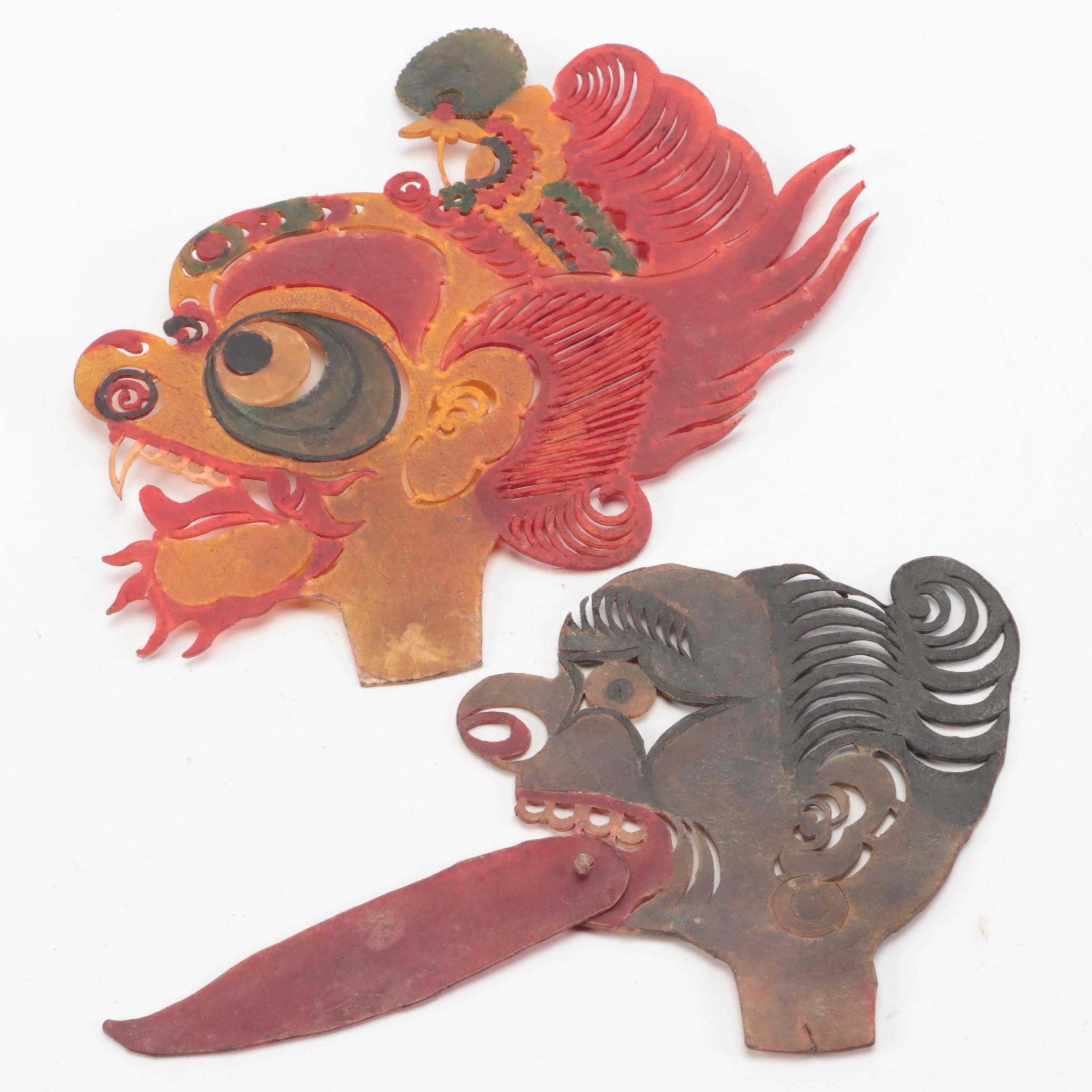 Chinese Demon and Ghoul Painted Vellum Shadow Puppet Heads, Circa 1870
