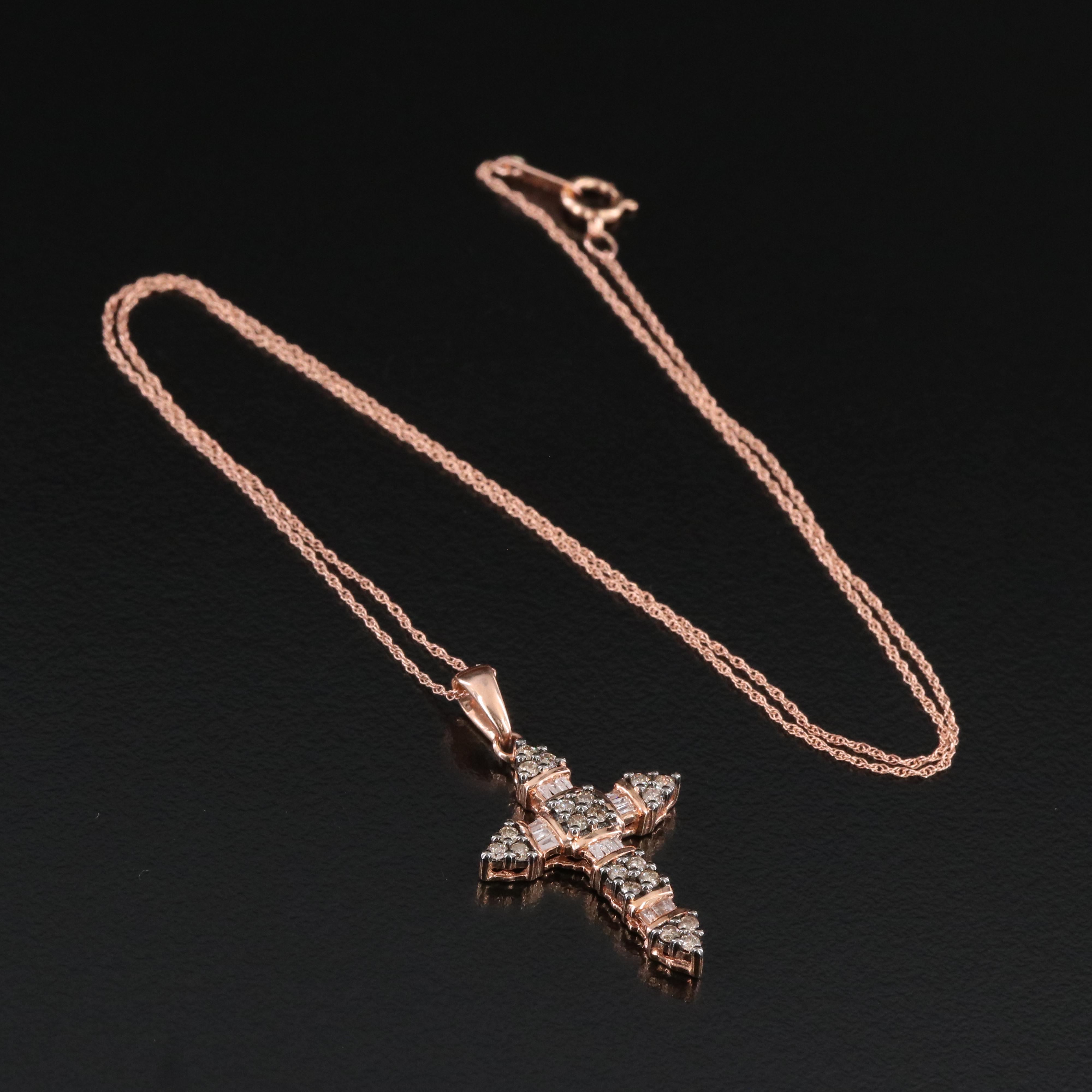 10K 0.47 CTW Diamond Rose Gold Cross Pendant Necklace