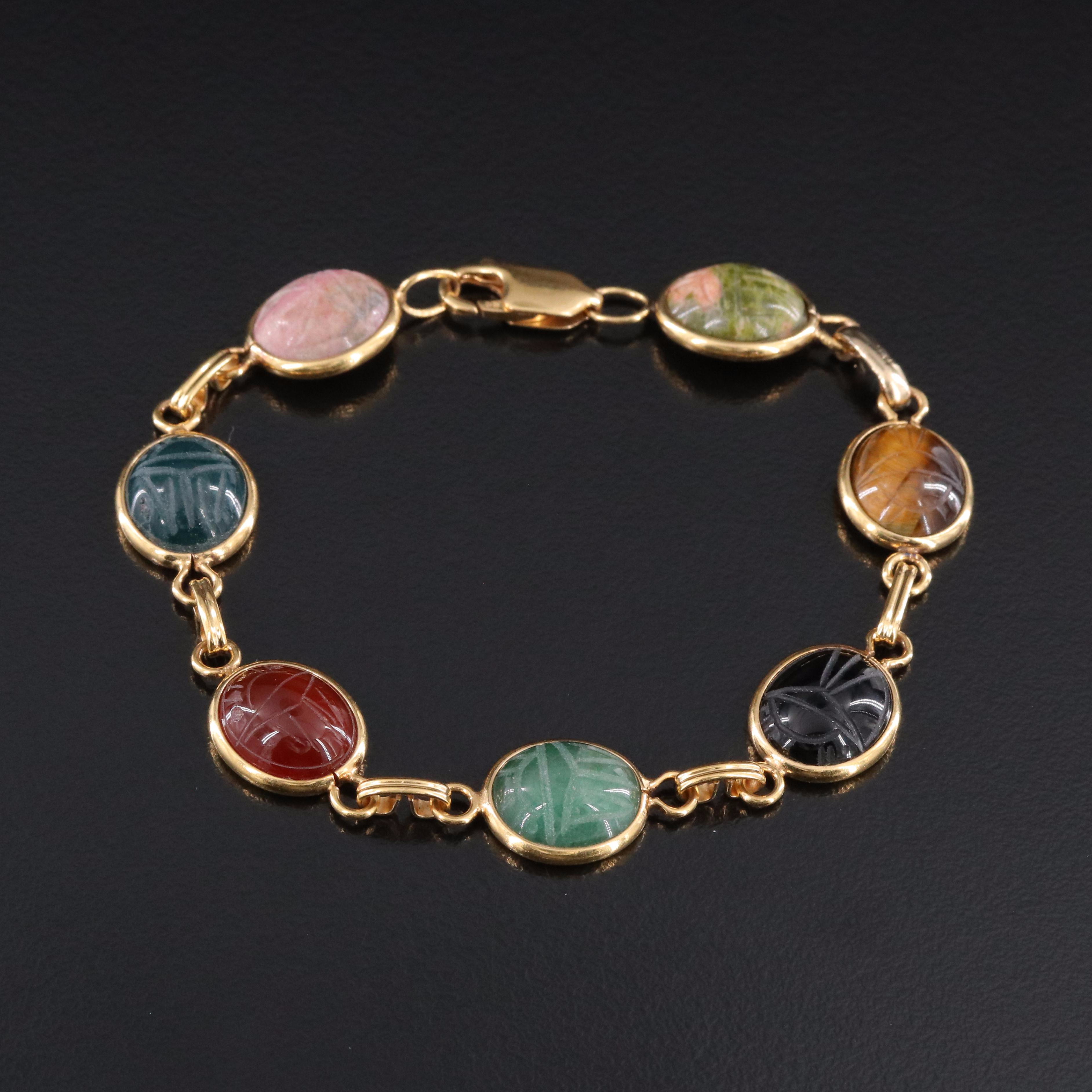 Gold-Filled Scarab Bracelet Including Tiger's Eye, Bloodstone and Carnelian
