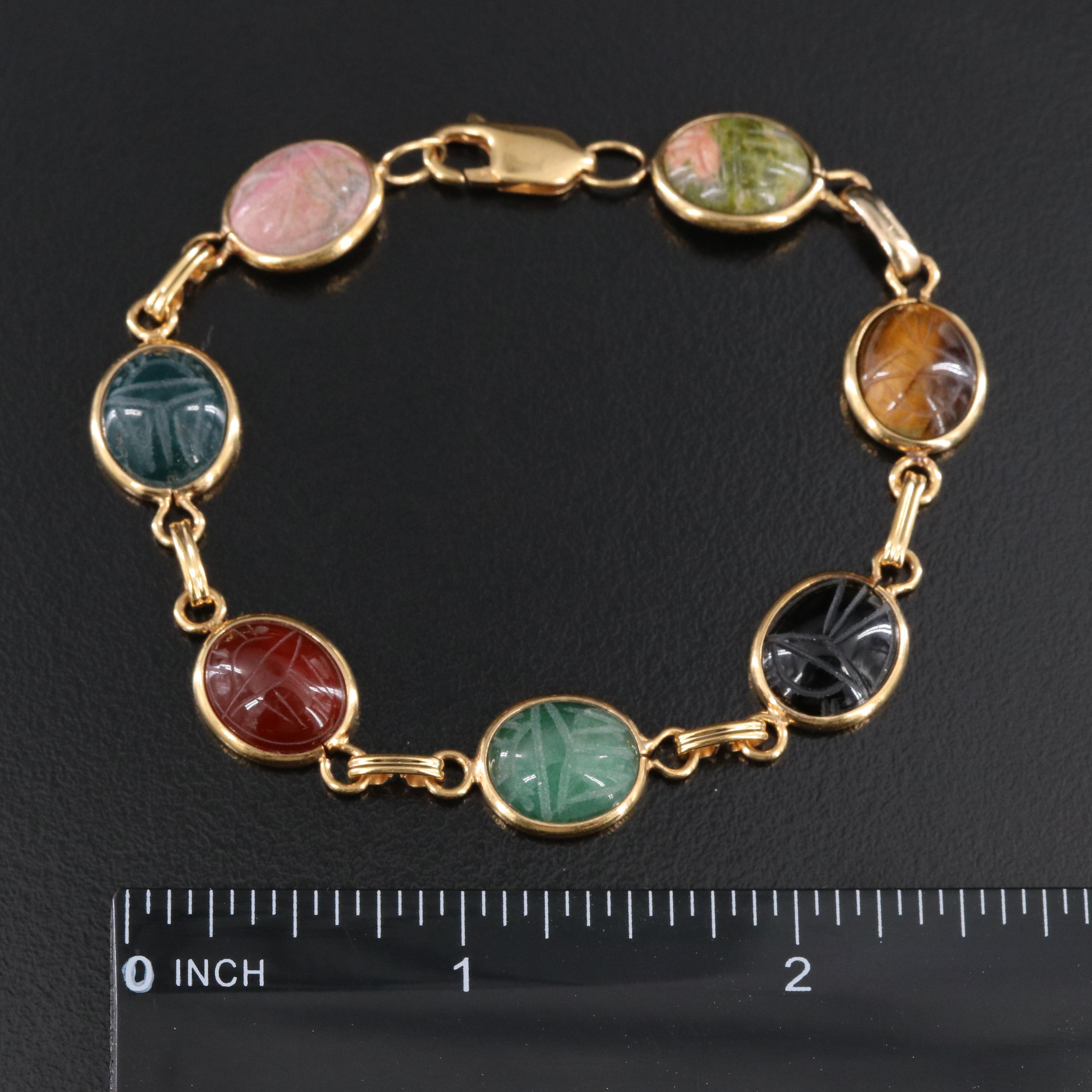 Gold-Filled Scarab Bracelet Including Tiger's Eye, Bloodstone and Carnelian