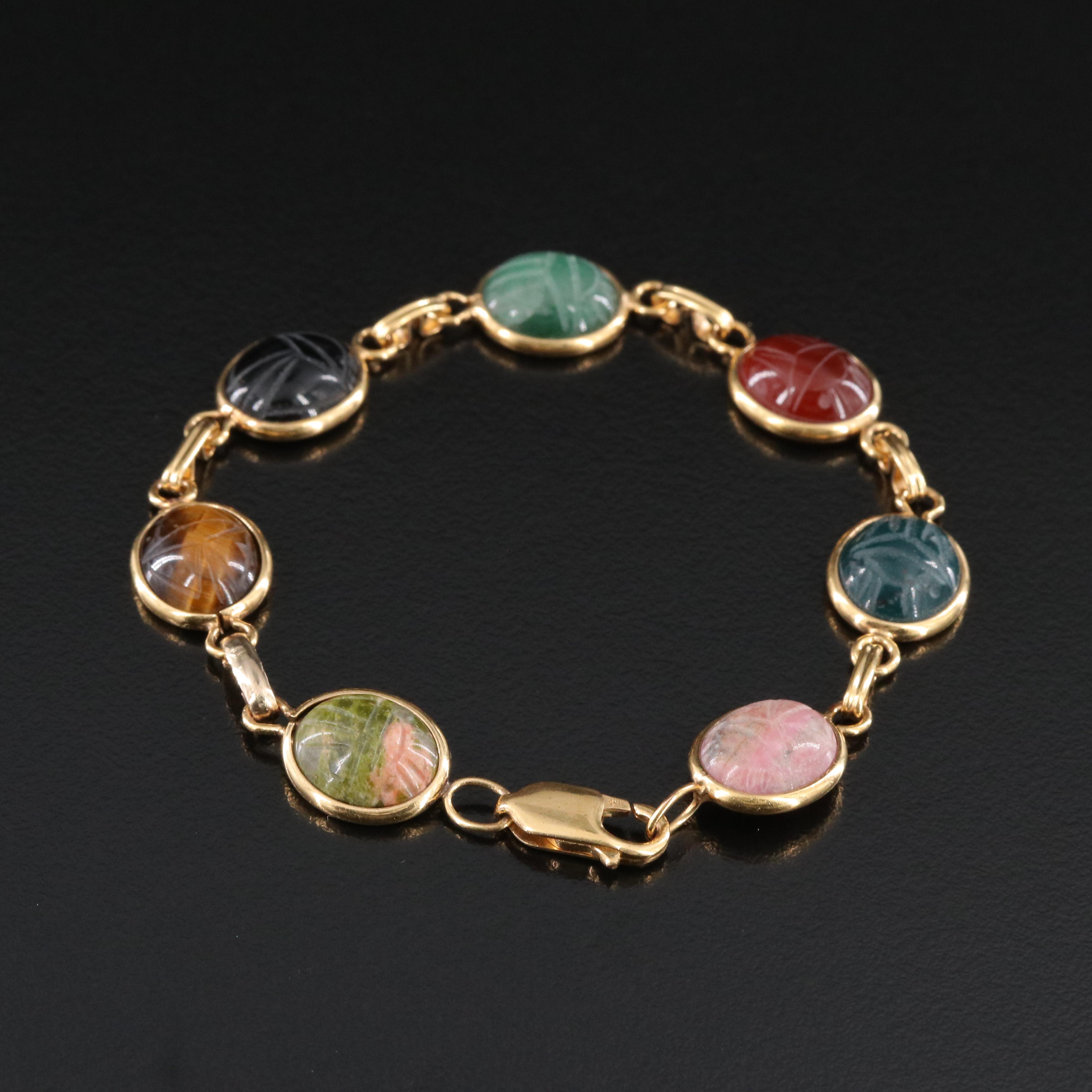 Gold-Filled Scarab Bracelet Including Tiger's Eye, Bloodstone and Carnelian