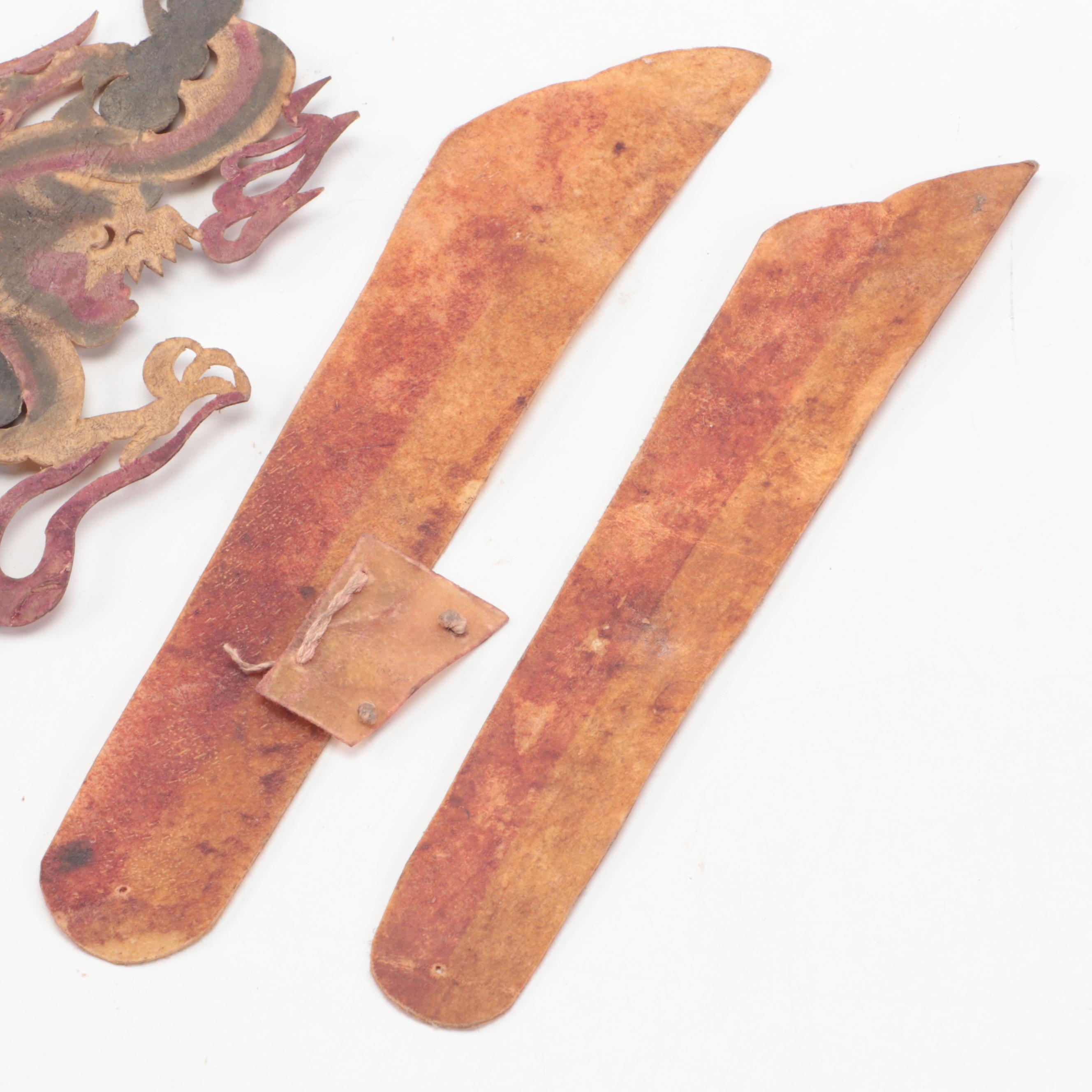Chinese Dragon Staff with Blades Vellum Shadow Puppet Accessories, Circa 1870