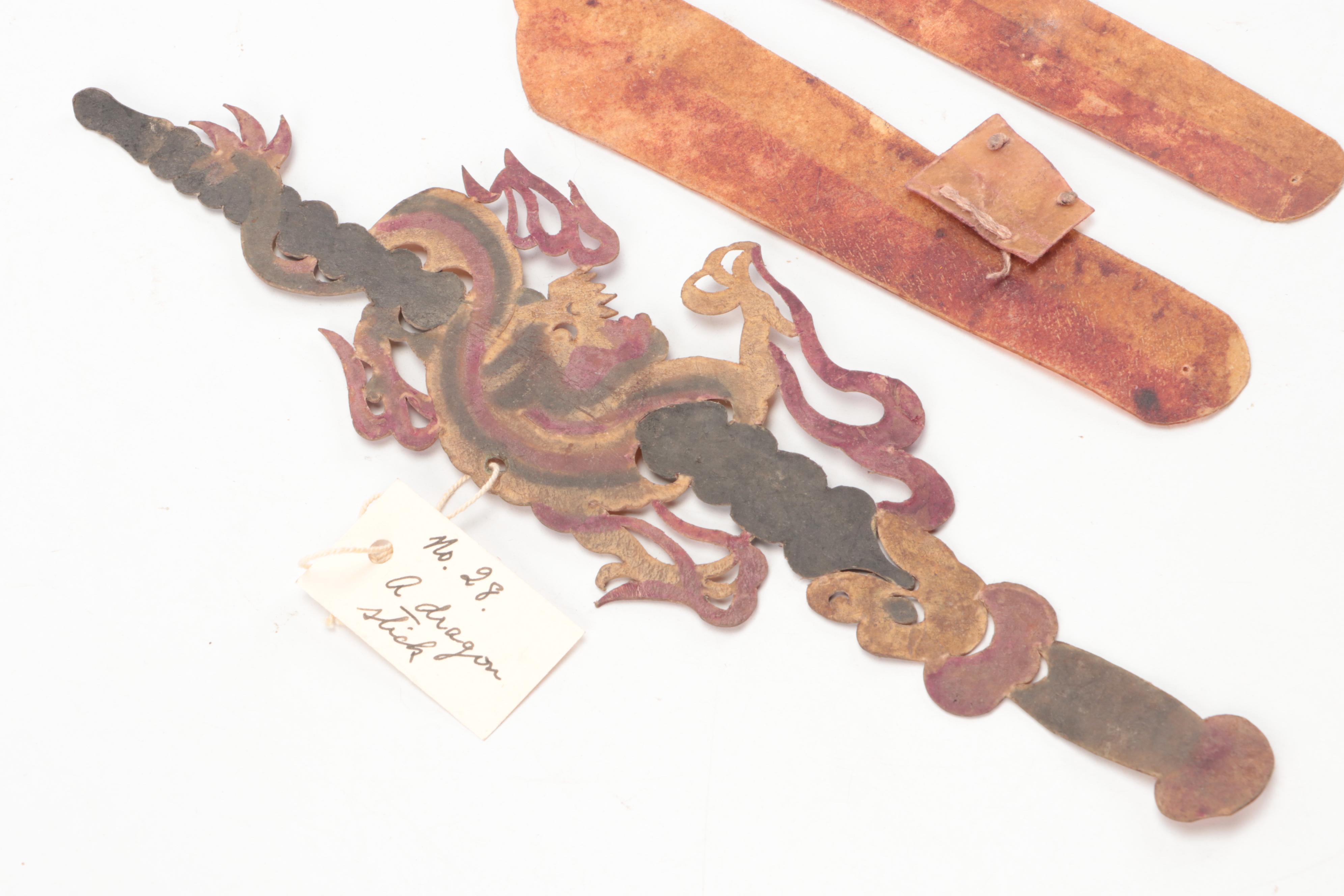 Chinese Dragon Staff with Blades Vellum Shadow Puppet Accessories, Circa 1870