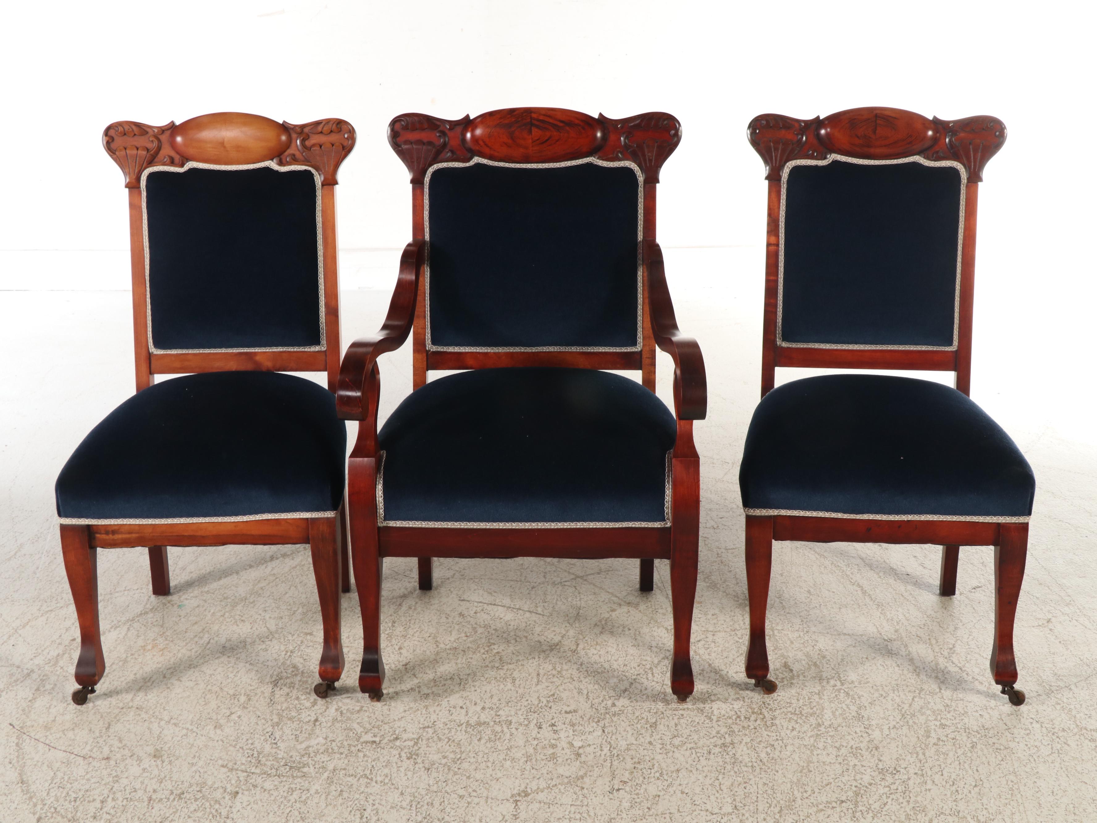 Empire Revival Mahogany Salon Suite with Settee and Three Chairs