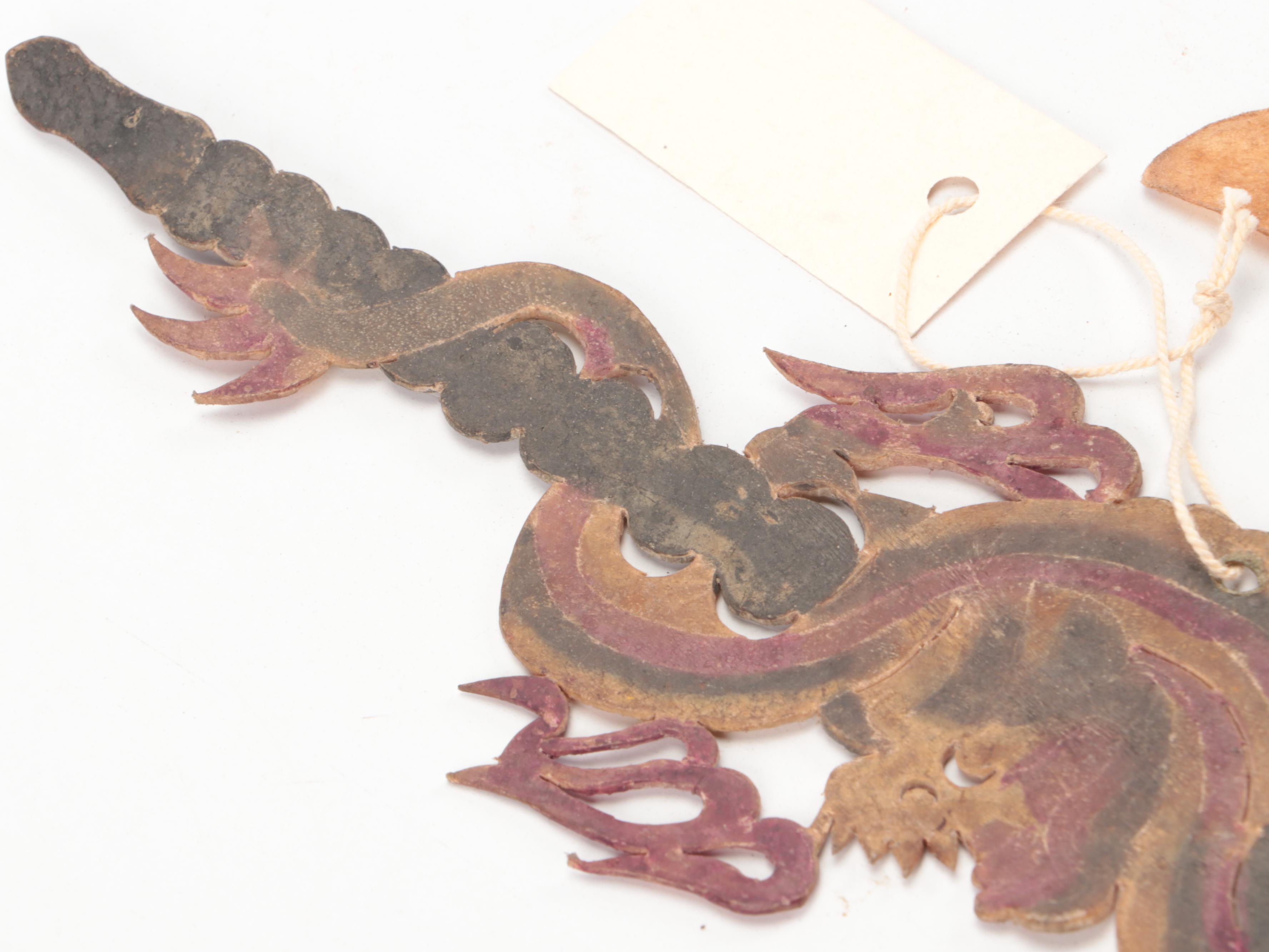 Chinese Dragon Staff with Blades Vellum Shadow Puppet Accessories, Circa 1870