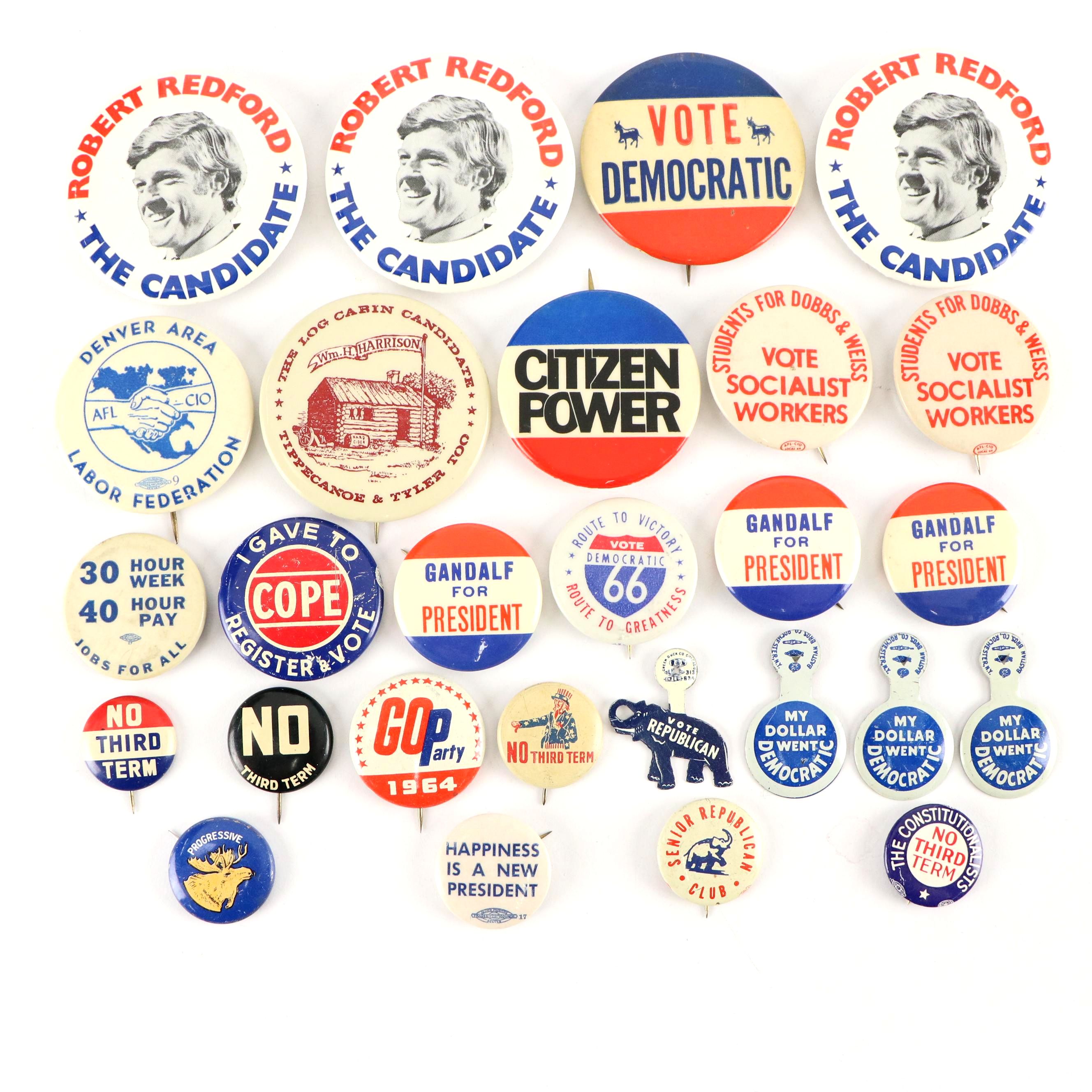 Robert Redford with Other Political Campaign Pinbacks, 1960s