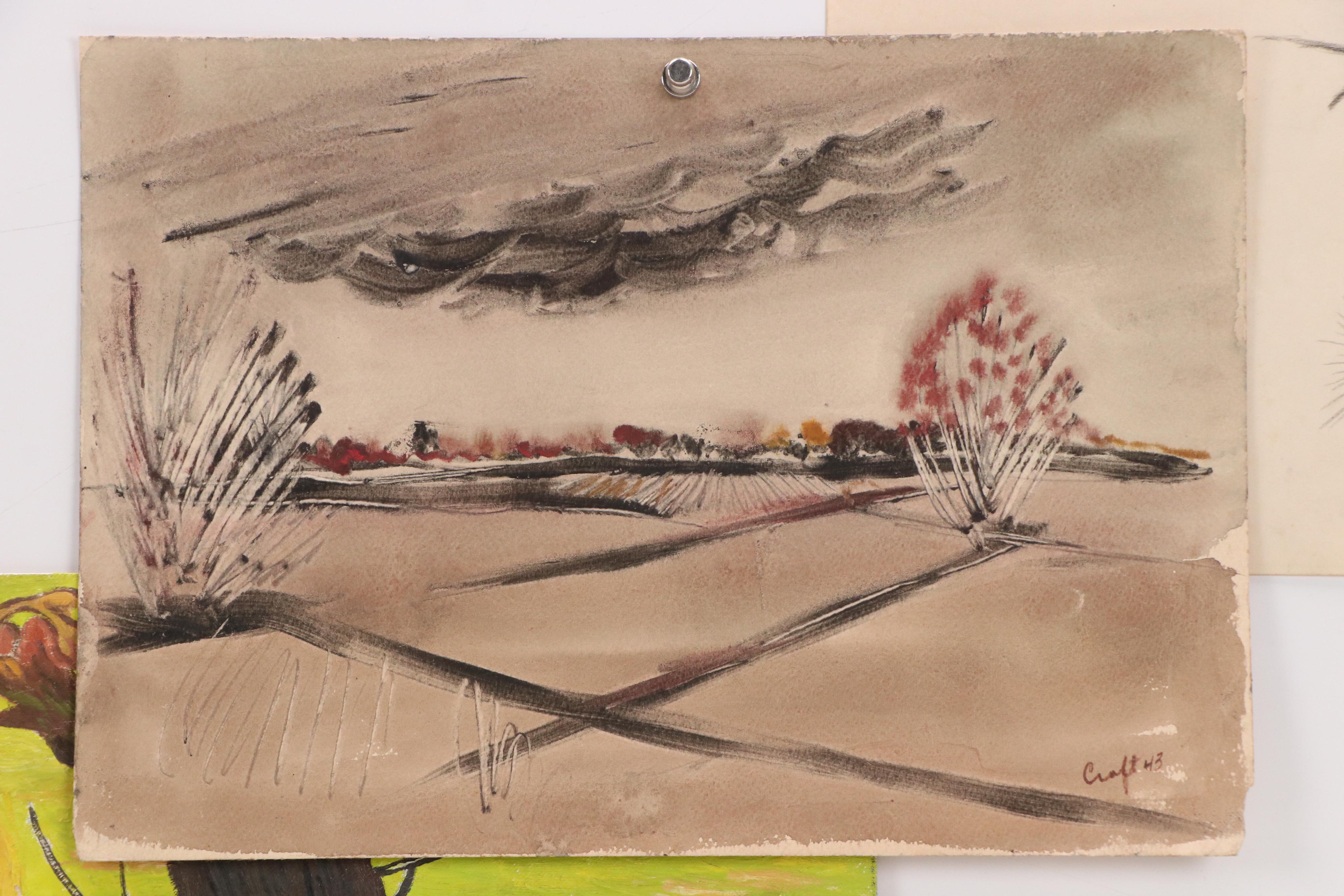 Lot of Three Tree-Themed Drawings and Paintings, 20th Century