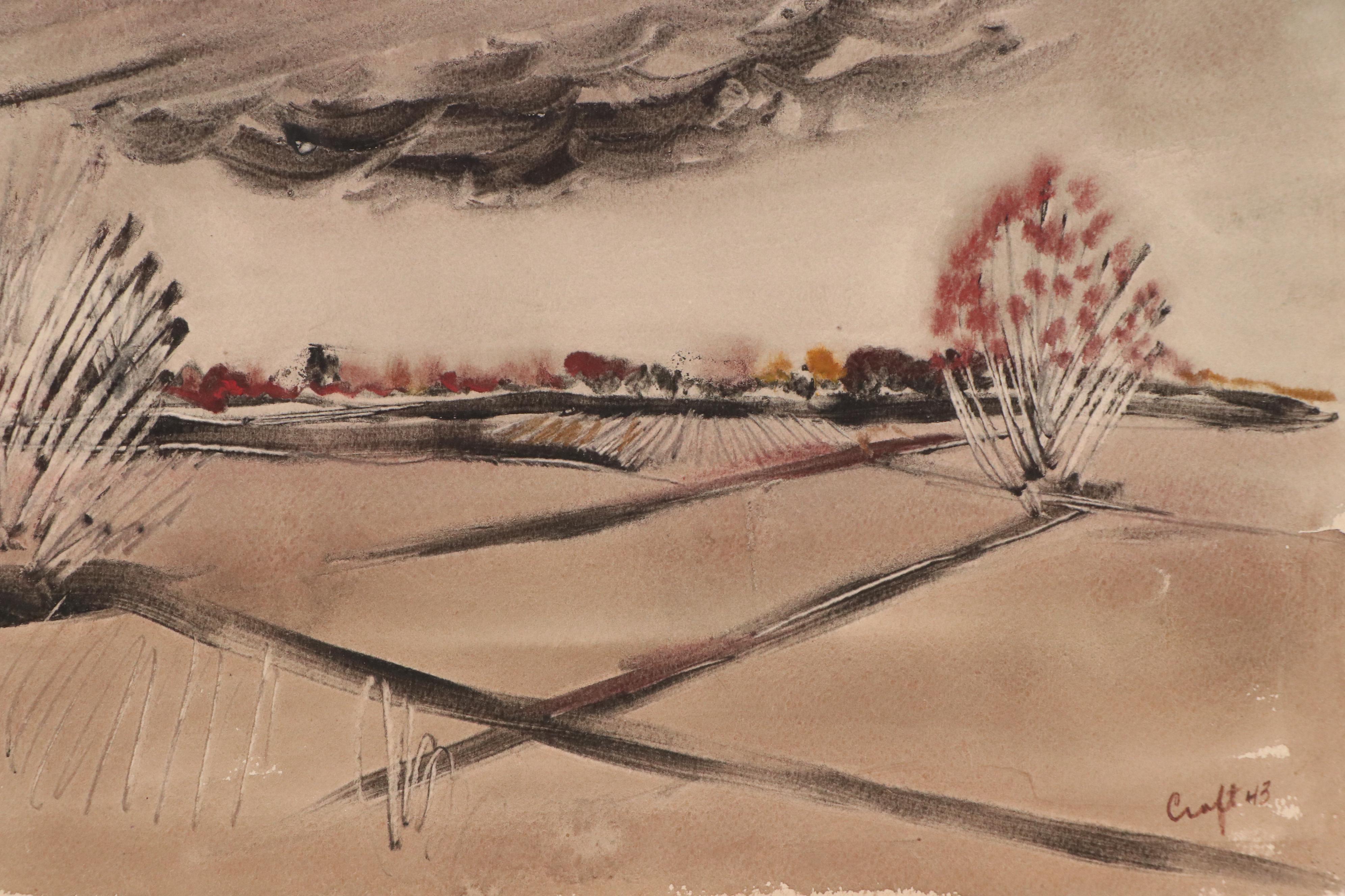 Lot of Three Tree-Themed Drawings and Paintings, 20th Century
