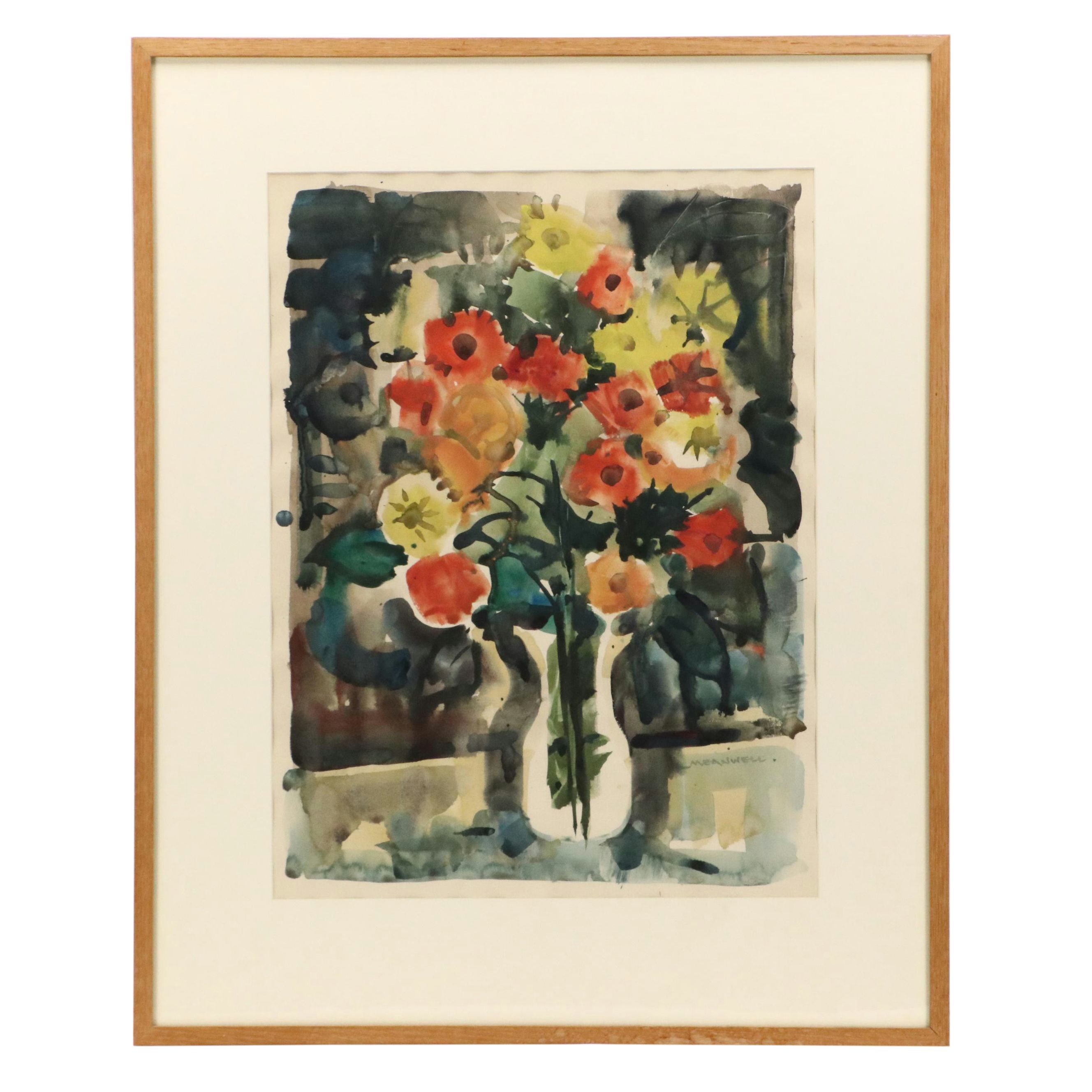 Jack Meanwell Floral Still Life Watercolor Painting, Late 20th Century
