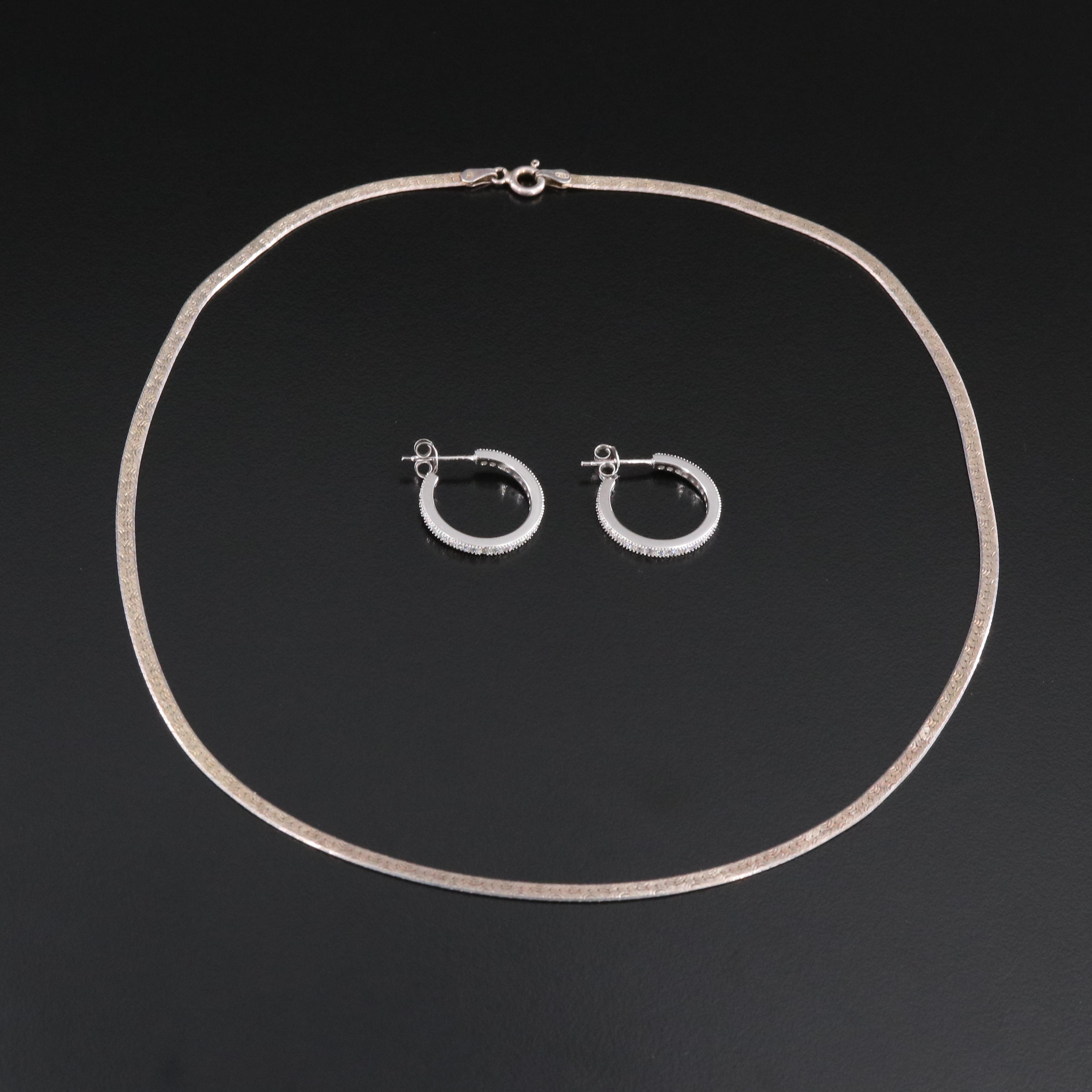 Sterling Reversible Herringbone Necklace and CZ Earrings