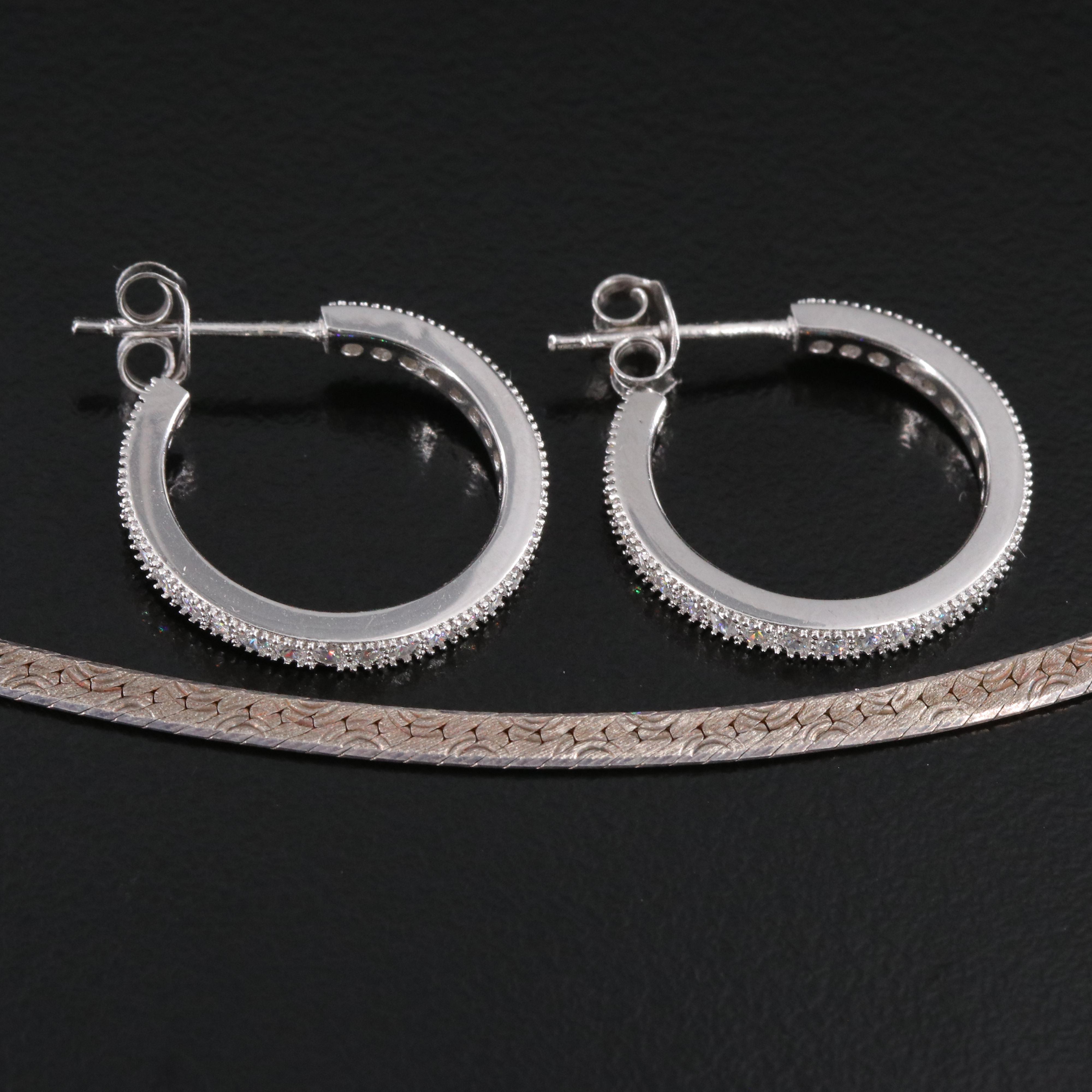 Sterling Reversible Herringbone Necklace and CZ Earrings