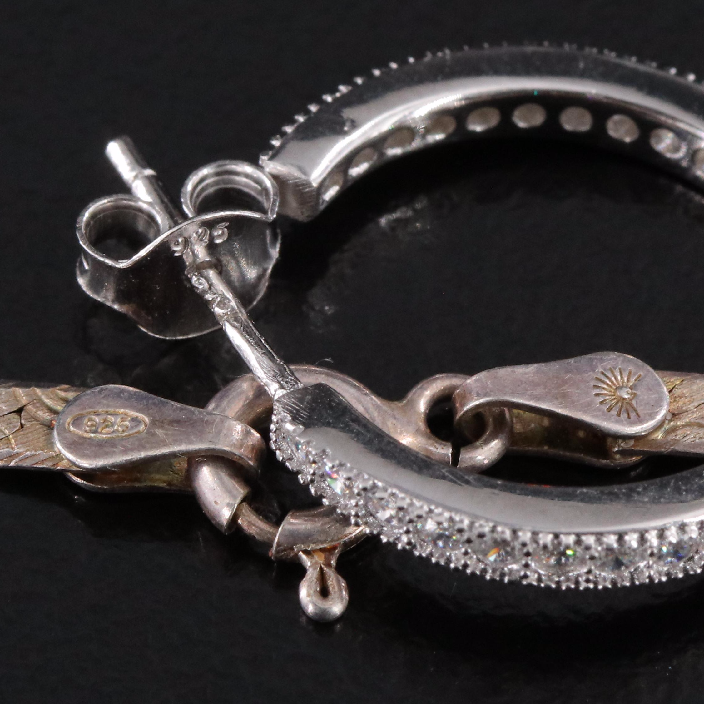 Sterling Reversible Herringbone Necklace and CZ Earrings