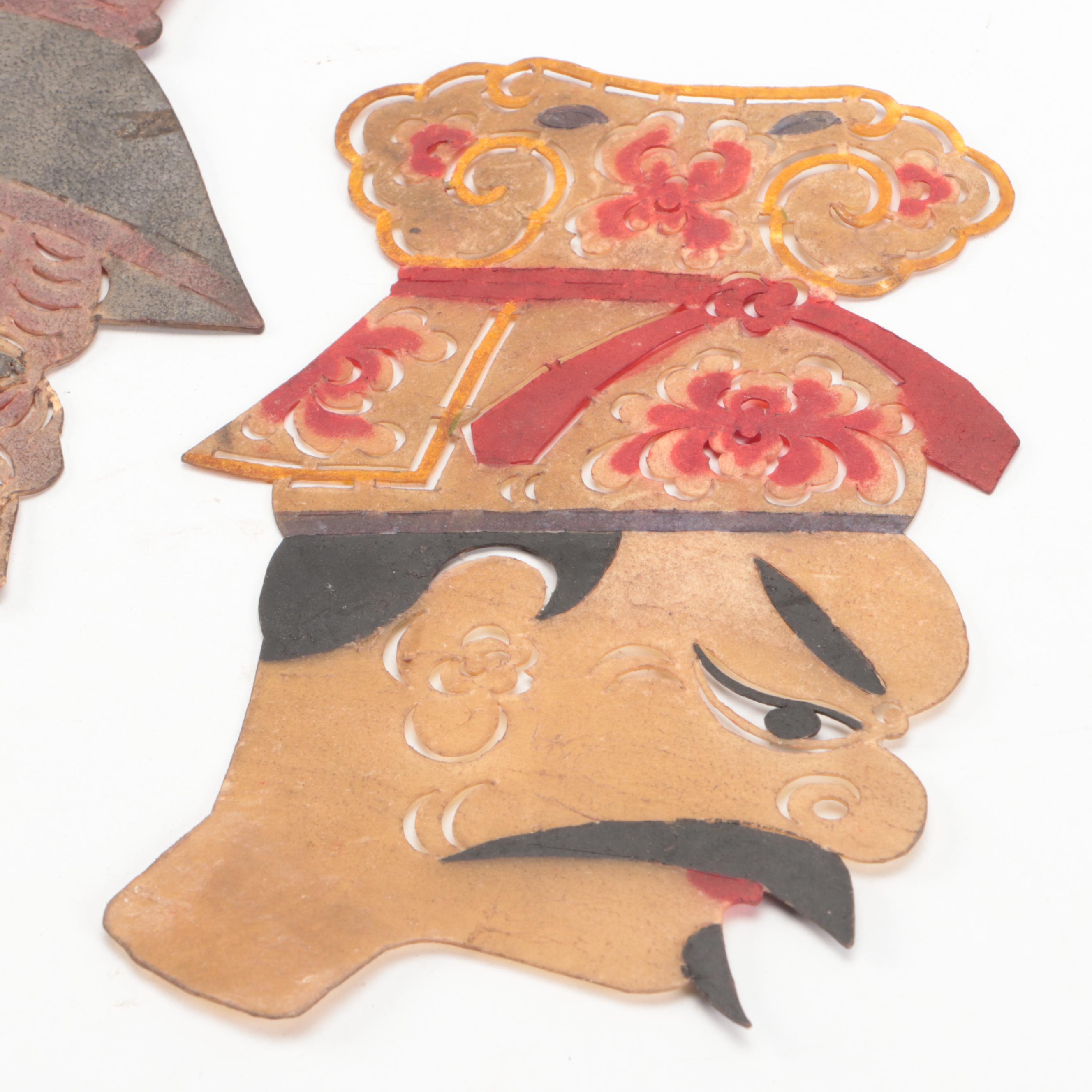 Chinese Male Painted Vellum Shadow Puppet Heads, Circa 1870