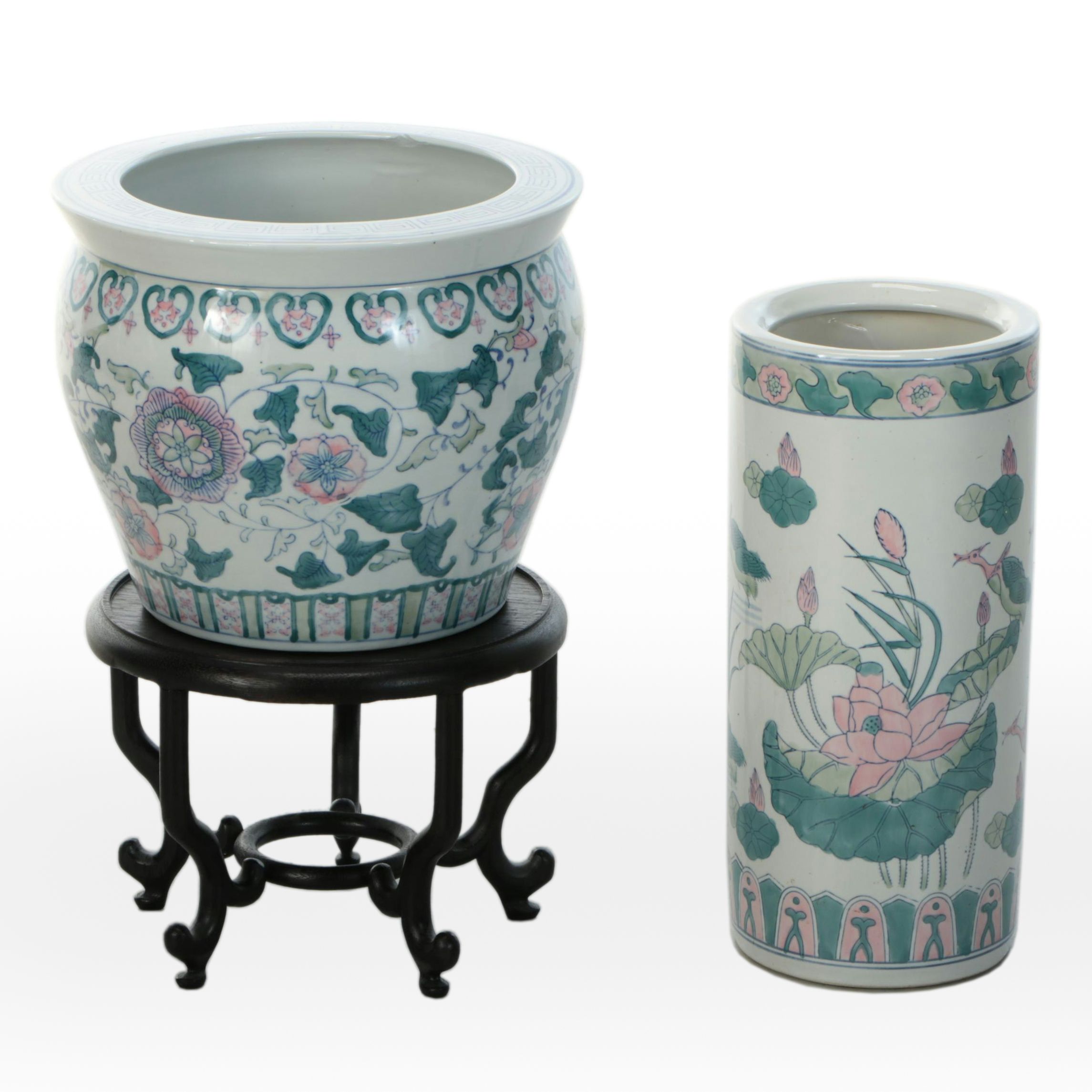 Chinese Porcelain Umbrella Stand with Fishbowl Planter on Wooden Stand
