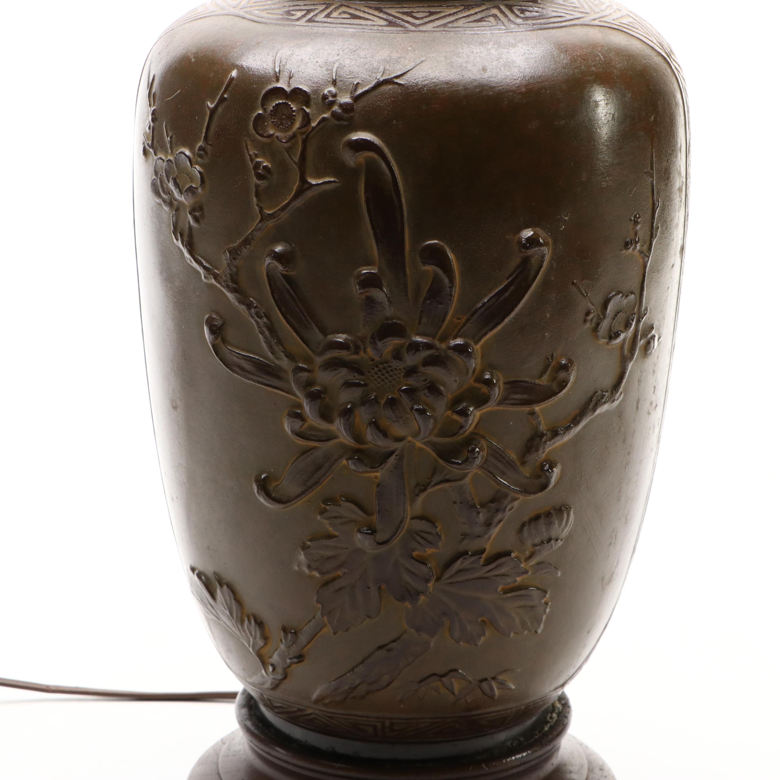 Dinkelspiel Japanese Bronze Relief Floral Table Lamp, Late 20th Century