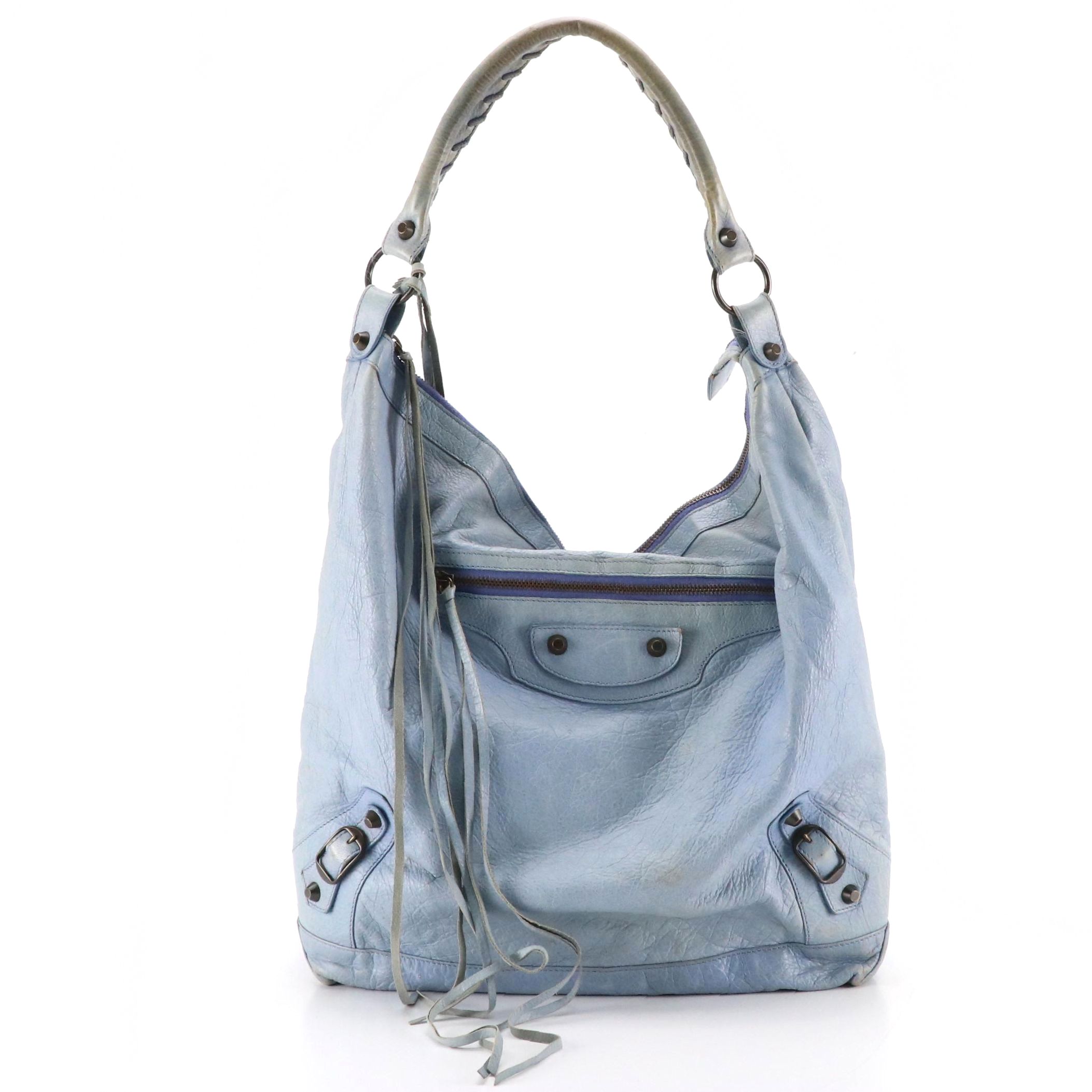 Balenciaga Agneau Classic Bleu Glacier Leather Hobo Shoulder Bag