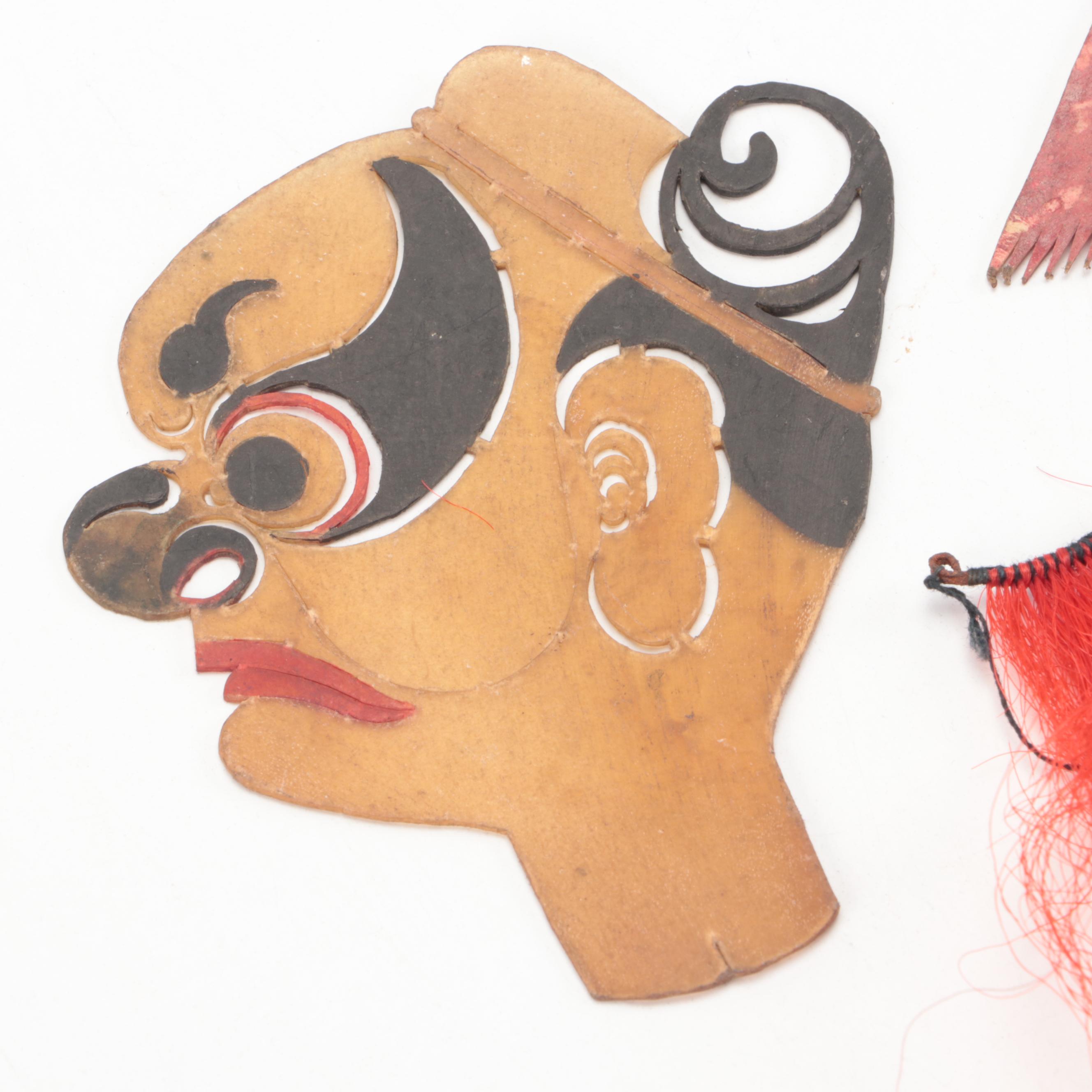 Chinese Painted Vellum Hat and Head with Hair Beard Shadow Puppet Accessories