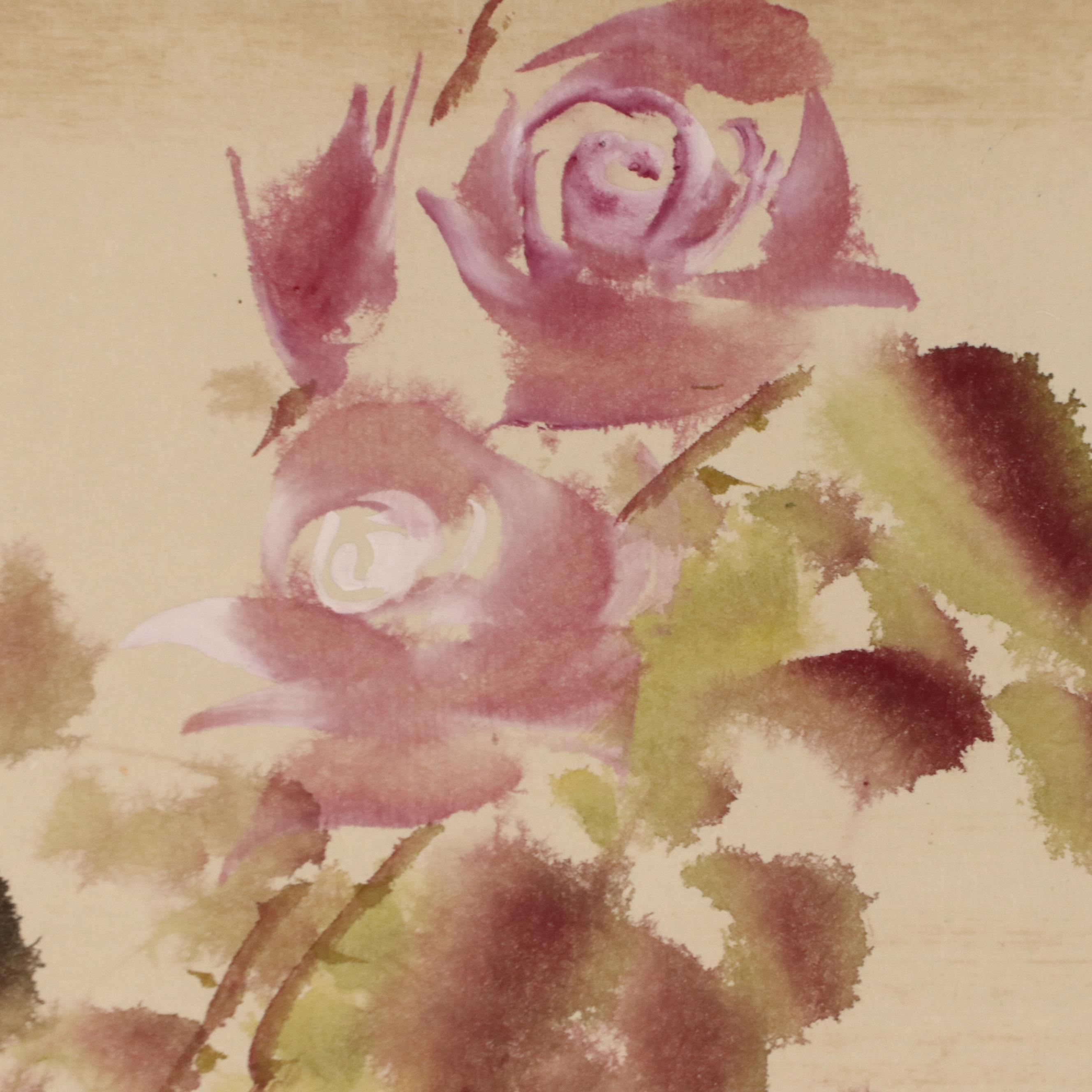 Chinese Watercolor Scroll of Roses, Mid to Late 20th Century