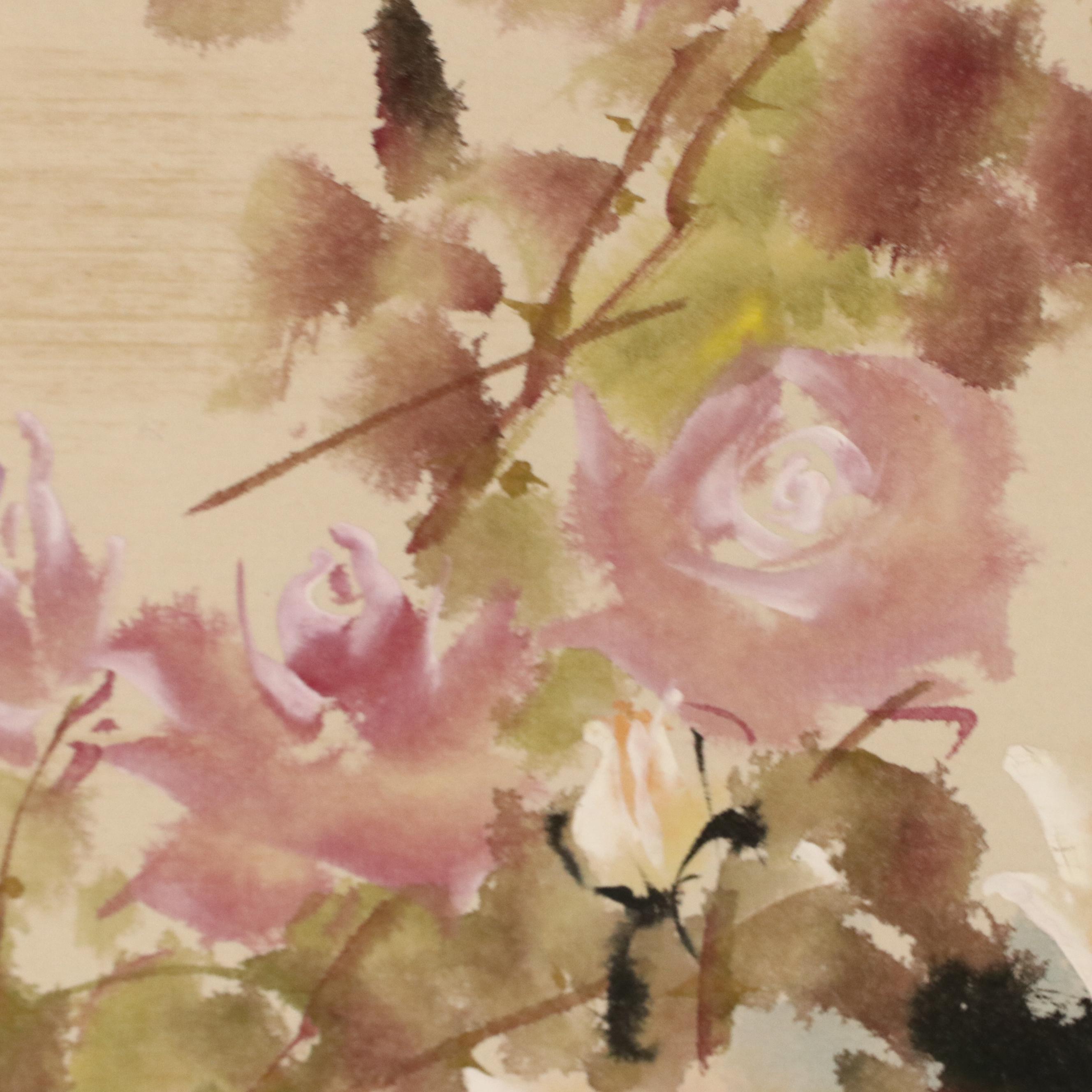 Chinese Watercolor Scroll of Roses, Mid to Late 20th Century