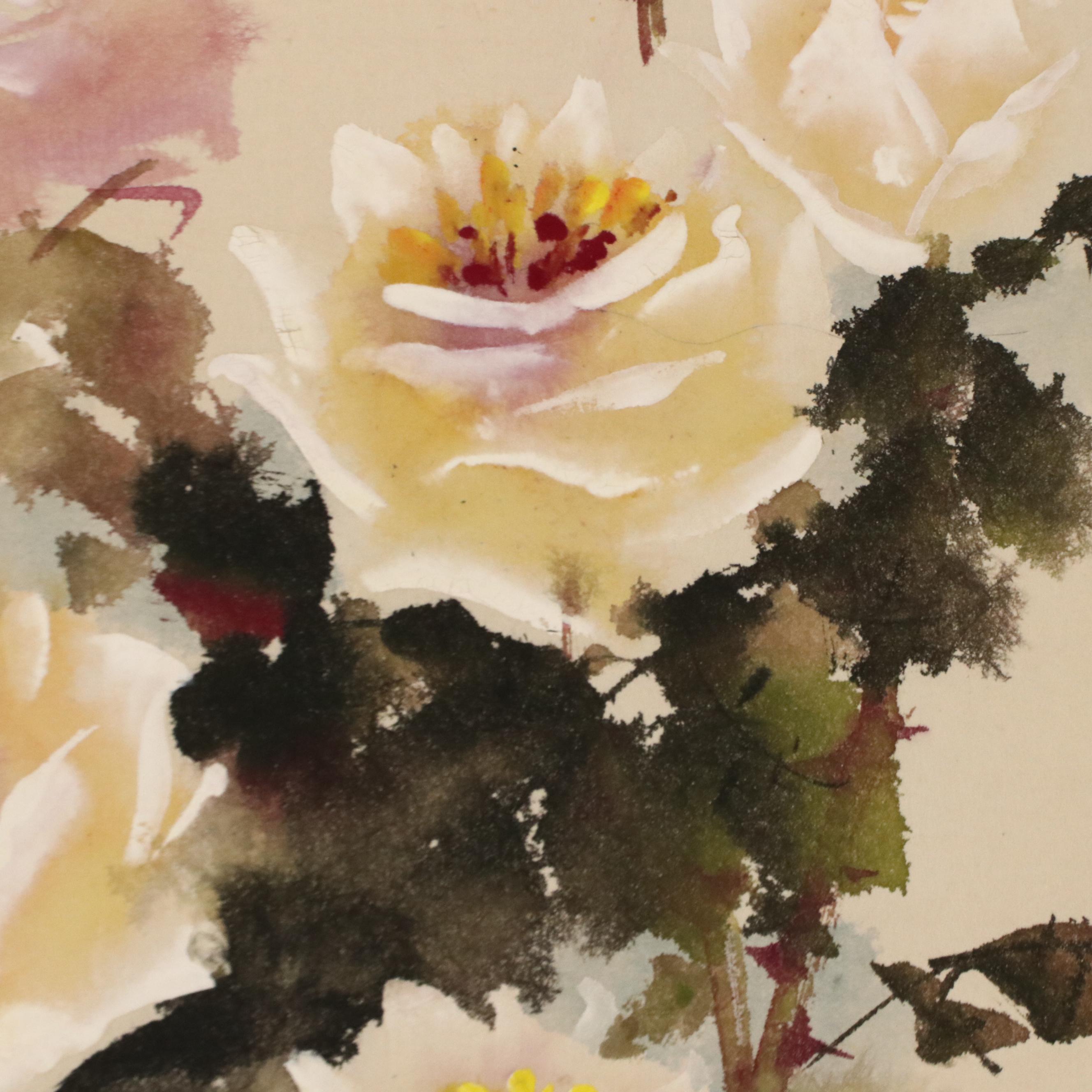 Chinese Watercolor Scroll of Roses, Mid to Late 20th Century