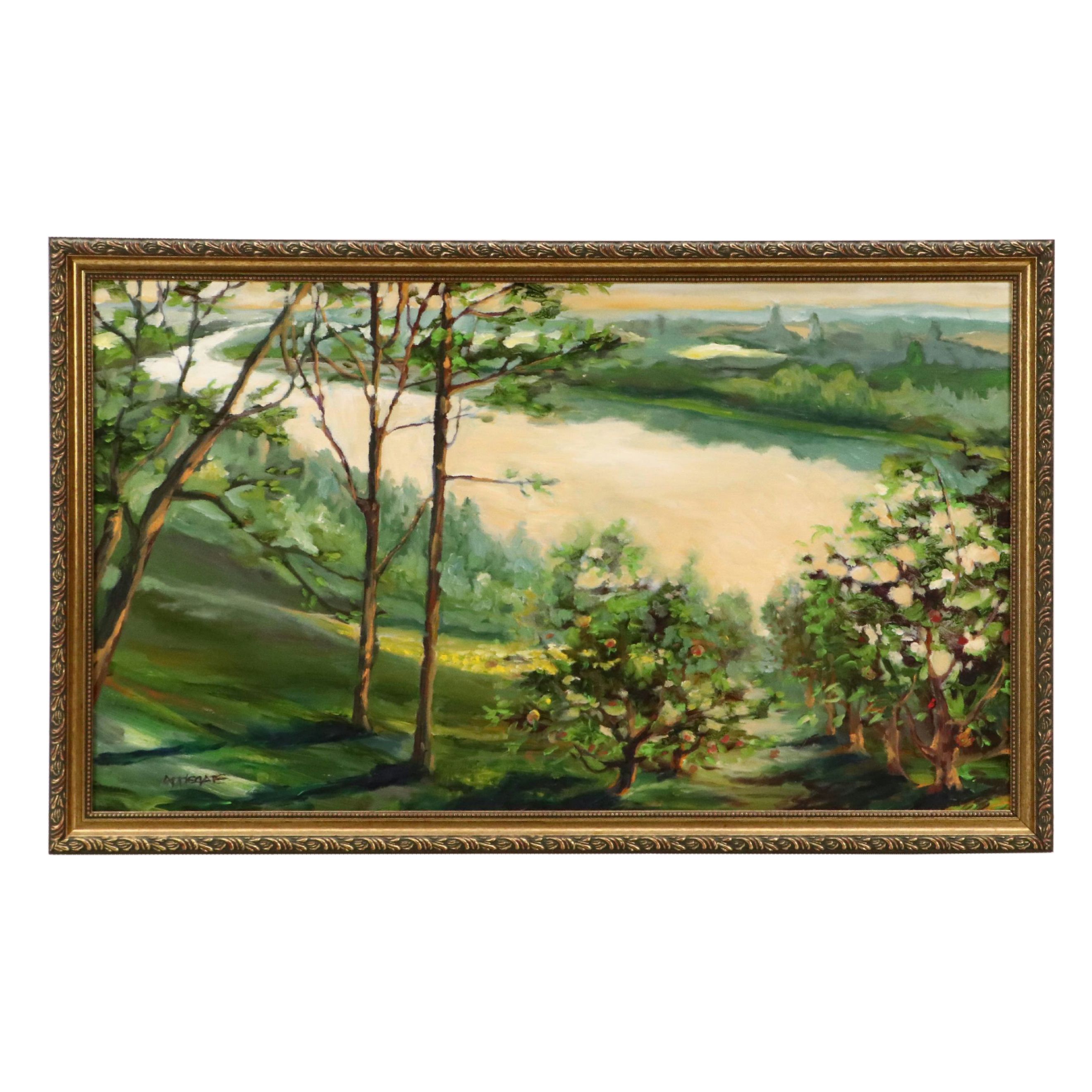 Impressionistic Style River Landscape Oil Painting, Late 20th Century