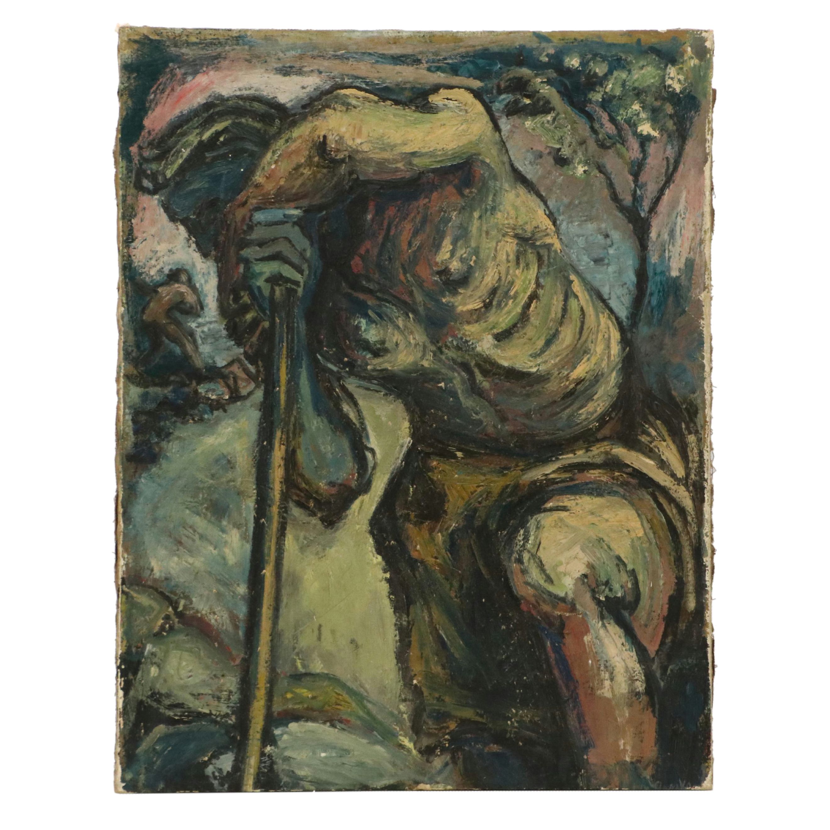 Modernist Painting of Workers in Landscape, Mid-20th Century